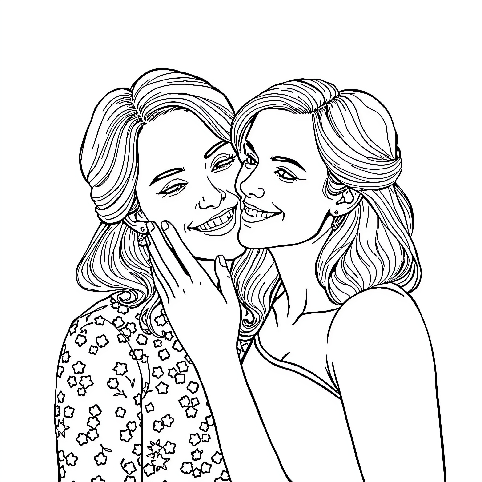 Emma Watson and friend sharing a cheerful moment Coloring Page (free black-and-white line drawing printable PDF for all, from beginners to advanced learners, including children, teens, adults, and seniors)