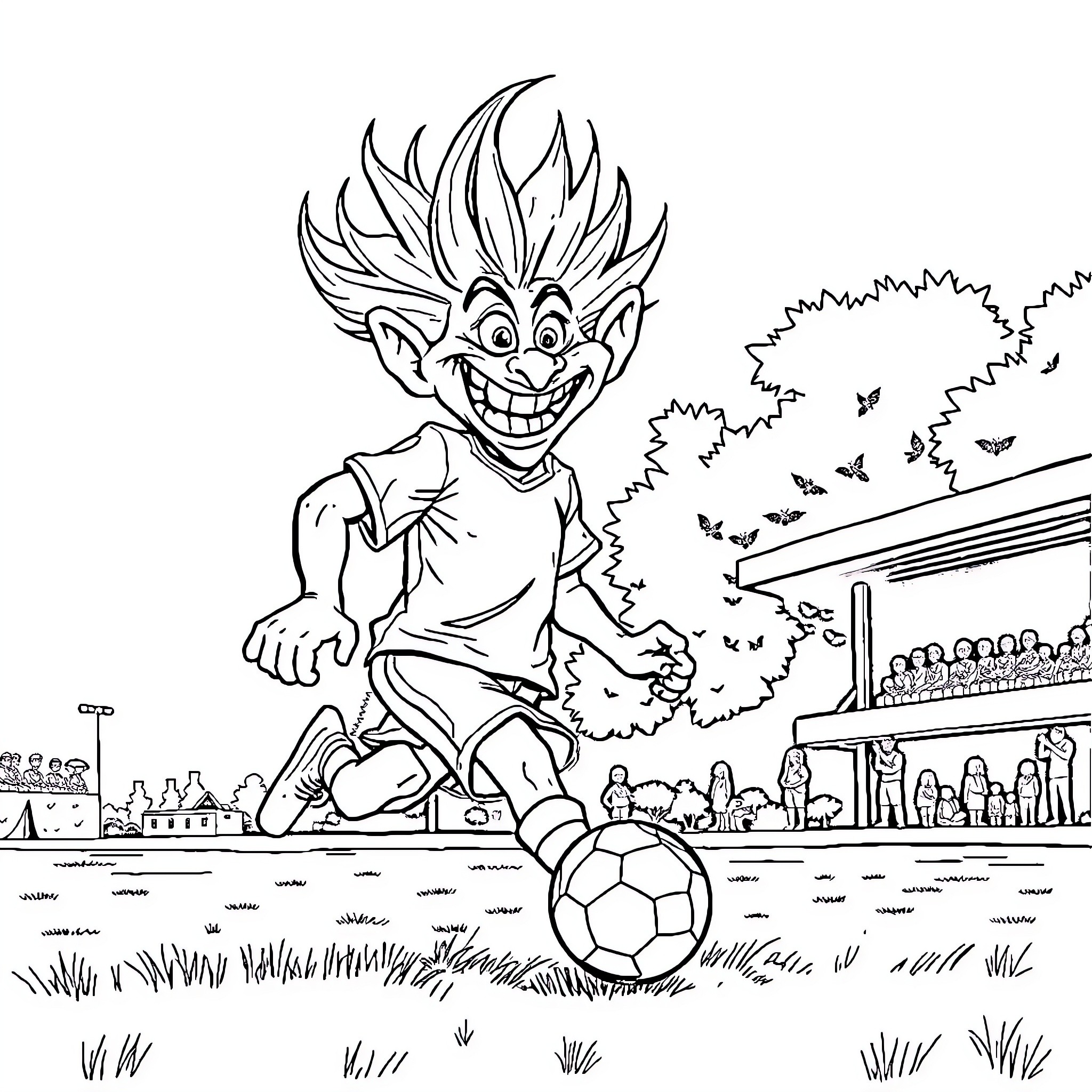 Troll celebrating with soccer ball on the field Coloring Page (free black-and-white line drawing printable PDF for all, from beginners to advanced learners, including children, teens, adults, and seniors)