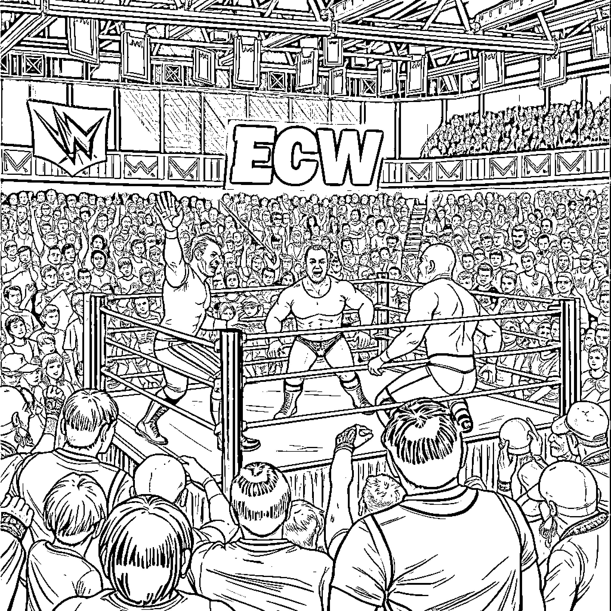 Wrestling match in ECW arena with enthusiastic audience Coloring Page (free black-and-white line drawing printable PDF for all, from beginners to advanced learners, including children, teens, adults, and seniors)