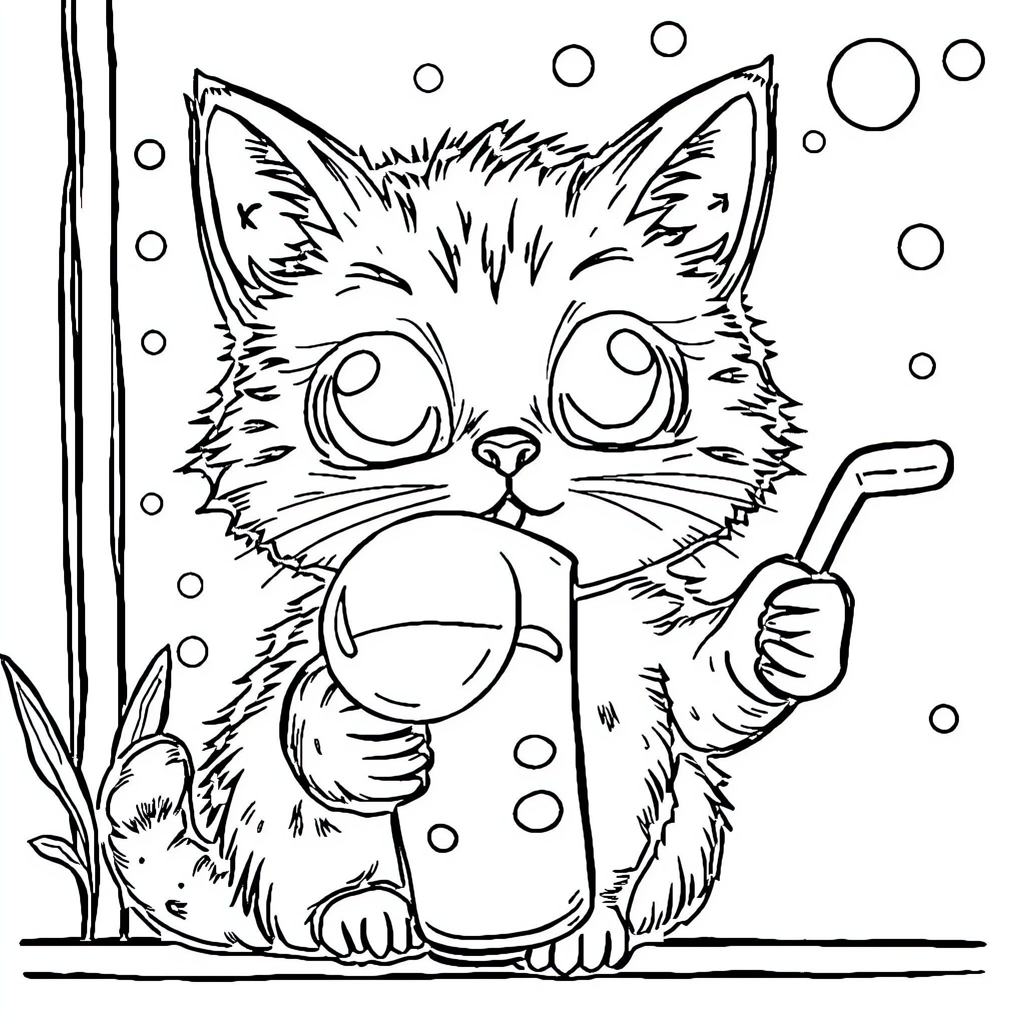 Cat playing with a toy in the snow Coloring Page (free black-and-white line drawing printable PDF for all, from beginners to advanced learners, including children, teens, adults, and seniors)
