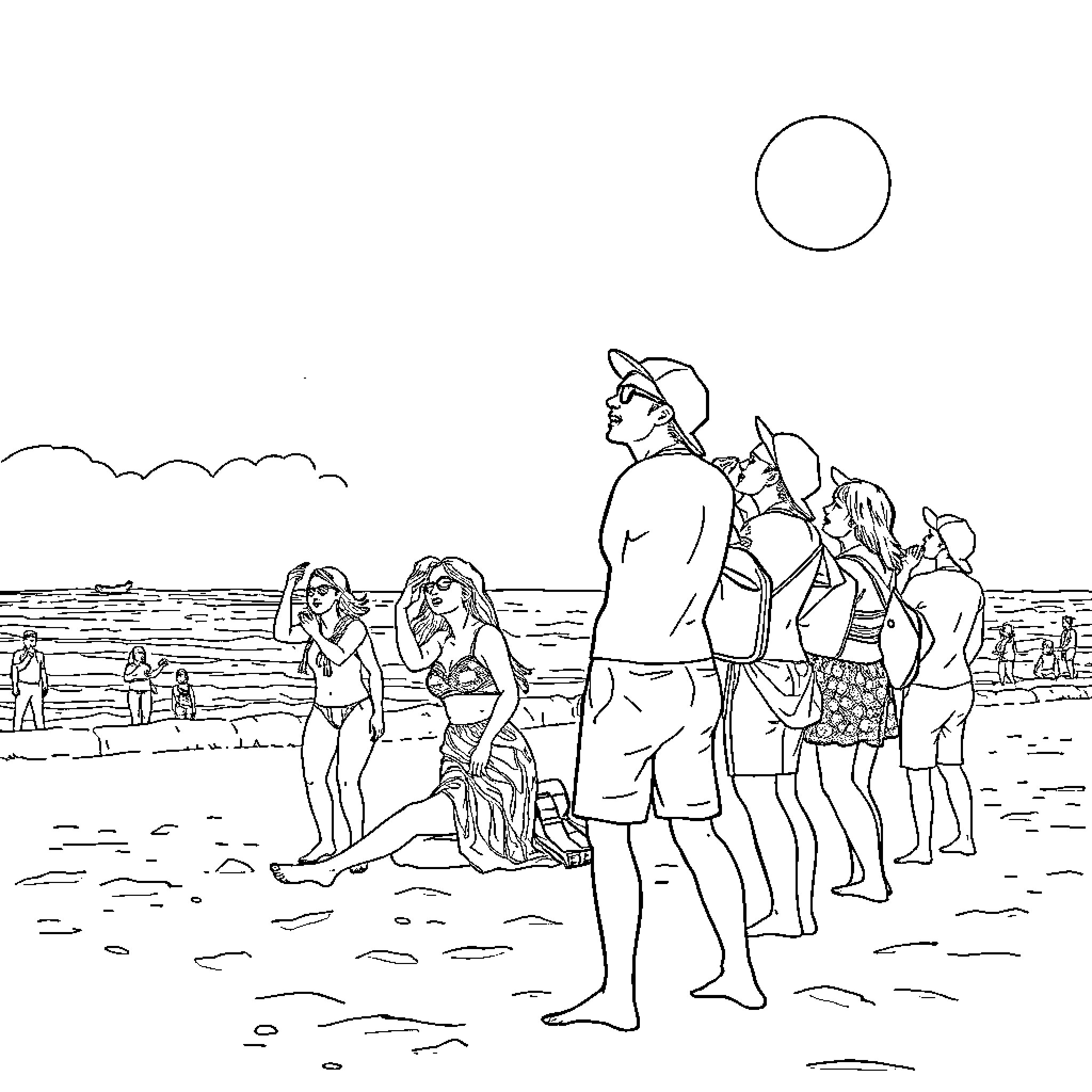 Beach scene with people enjoying the day Coloring Page (free black-and-white line drawing printable PDF for all, from beginners to advanced learners, including children, teens, adults, and seniors)
