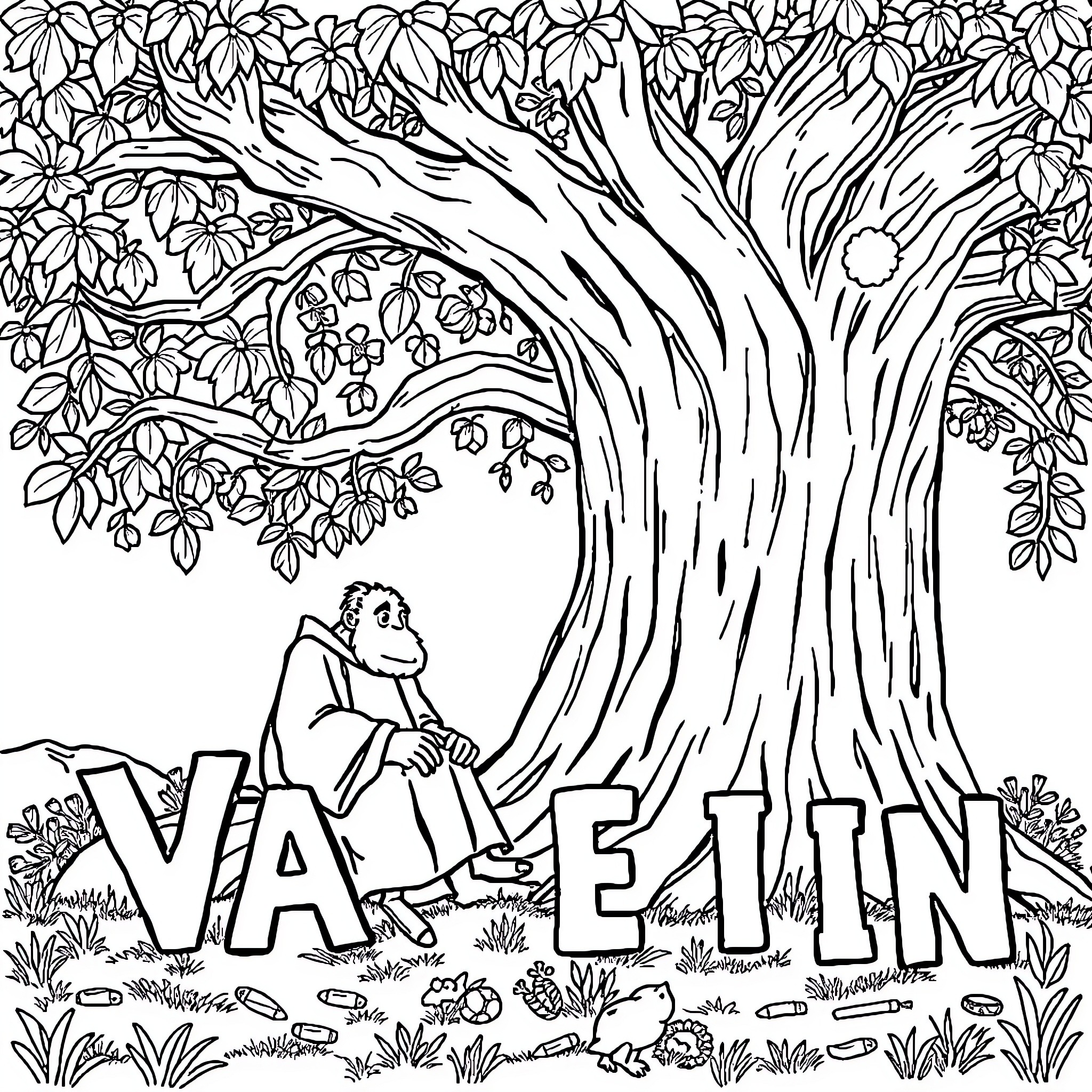 Griot storyteller under the leafy tree Coloring Page (free black-and-white line drawing printable PDF for all, from beginners to advanced learners, including children, teens, adults, and seniors)