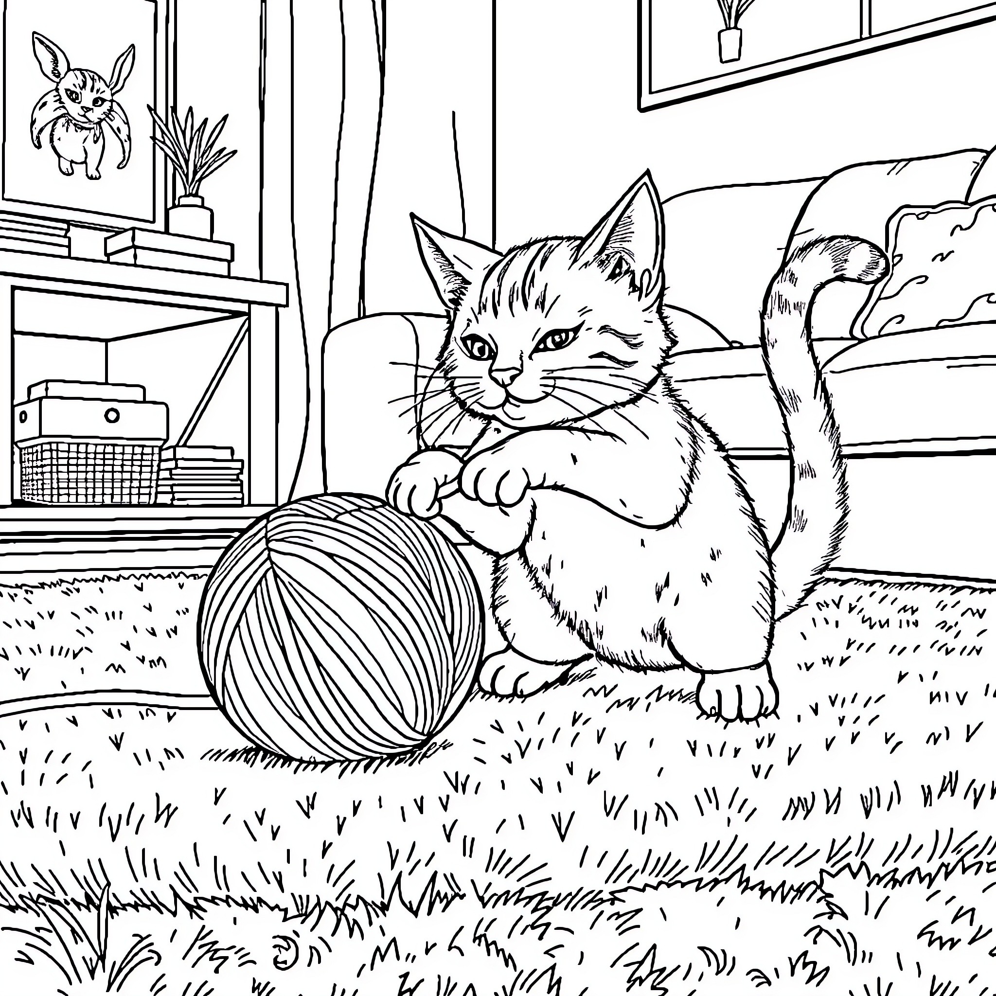 Cat playing with yarn in the room Coloring Page (free black-and-white line drawing printable PDF for all, from beginners to advanced learners, including children, teens, adults, and seniors)