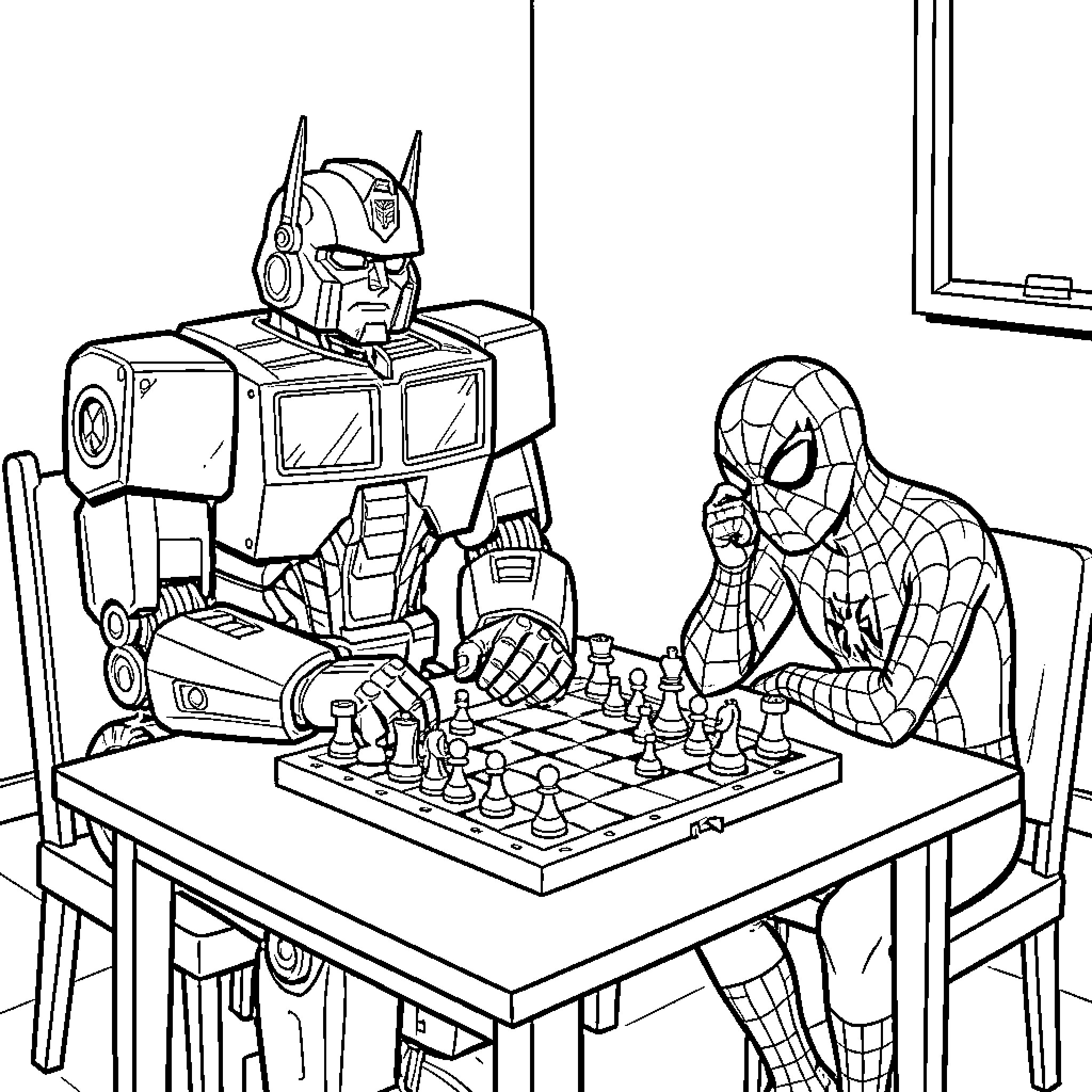 Optimus Prime playing a game of chess with Spider-Man Coloring Page (free black-and-white line drawing printable PDF for all, from beginners to advanced learners, including children, teens, adults, and seniors)