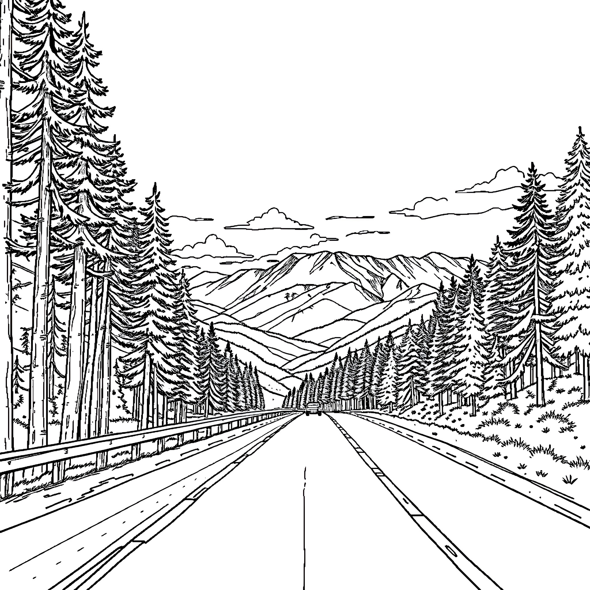 Car driving through snowy mountain landscape Coloring Page (free black-and-white line drawing printable PDF for all, from beginners to advanced learners, including children, teens, adults, and seniors)