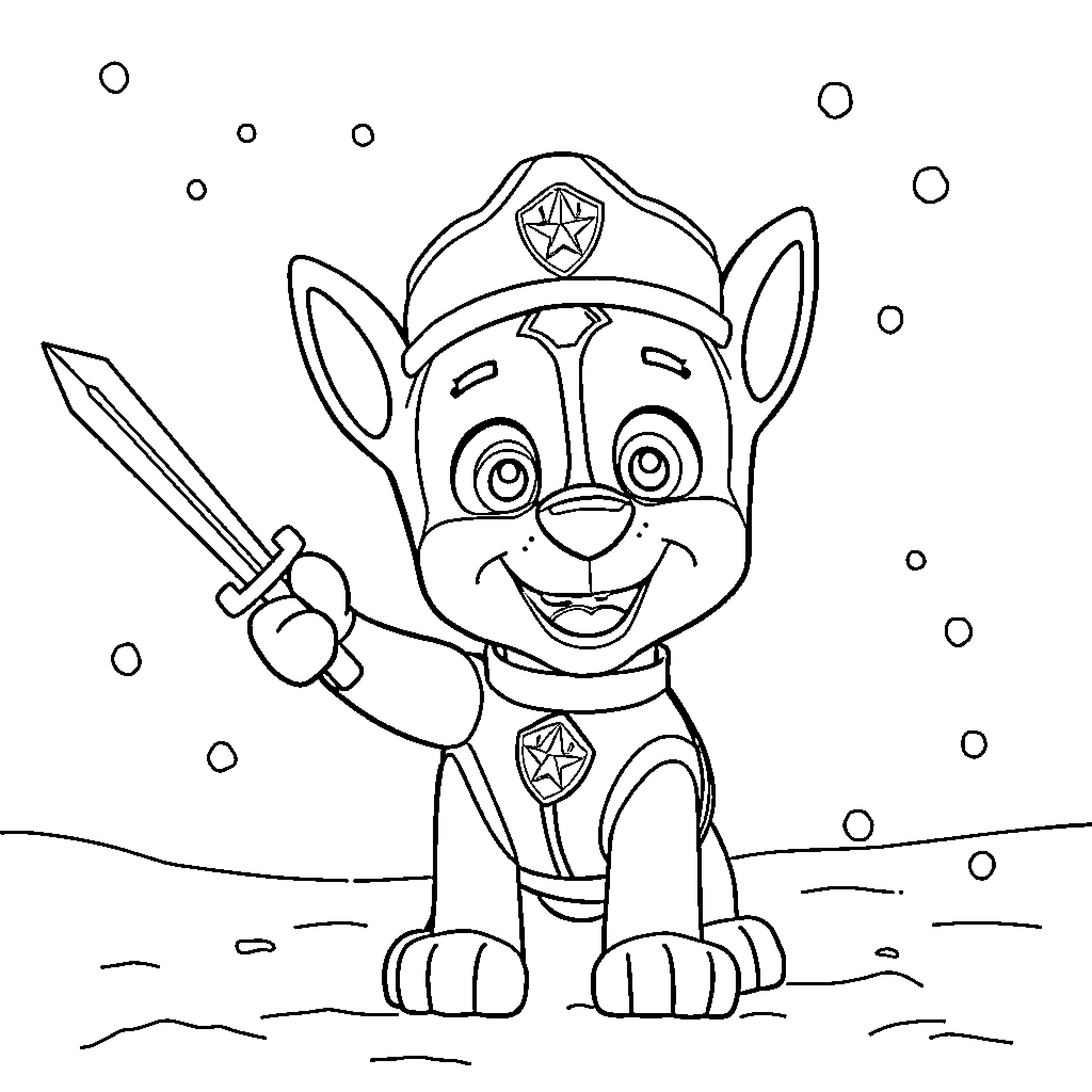 Chase the Playful Pup in Snowy Adventure Coloring Page (free black-and-white line drawing printable PDF for all, from beginners to advanced learners, including children, teens, adults, and seniors)