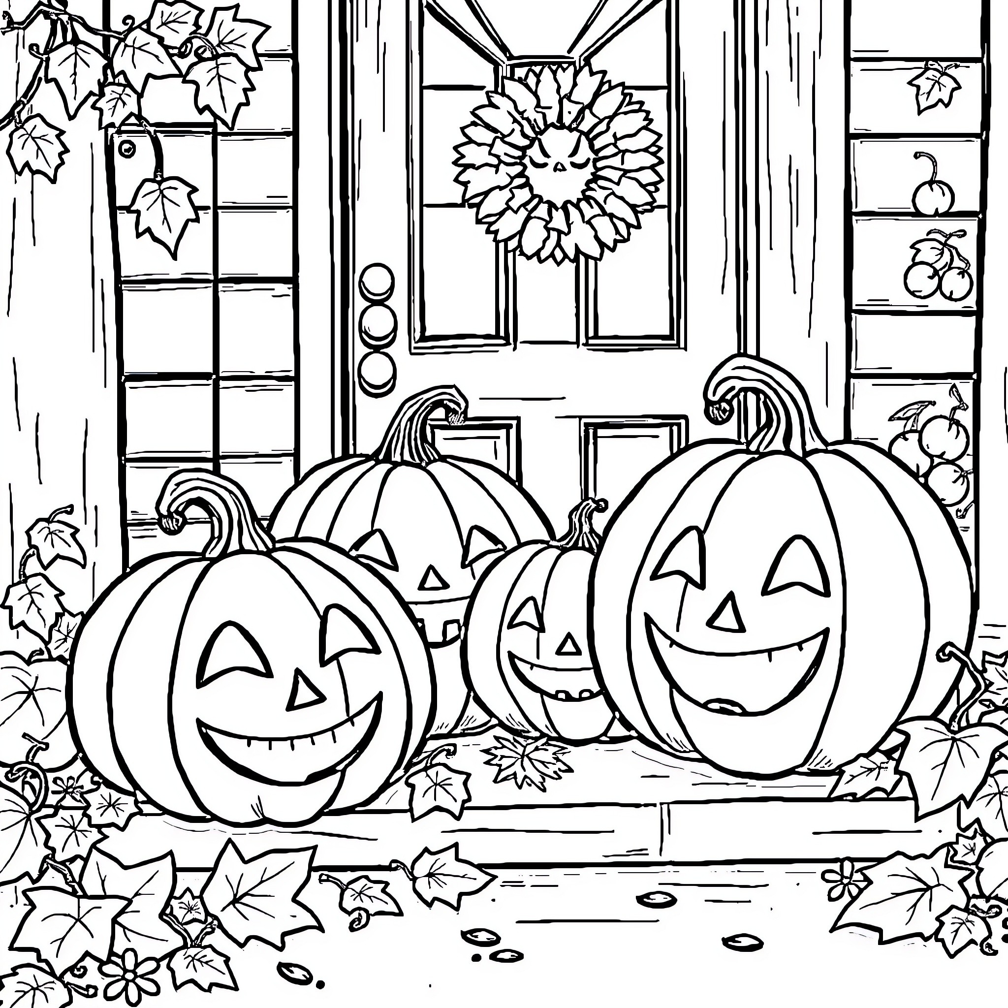 Pumpkins decorating a cozy autumn home Coloring Page (free black-and-white line drawing printable PDF for all, from beginners to advanced learners, including children, teens, adults, and seniors)