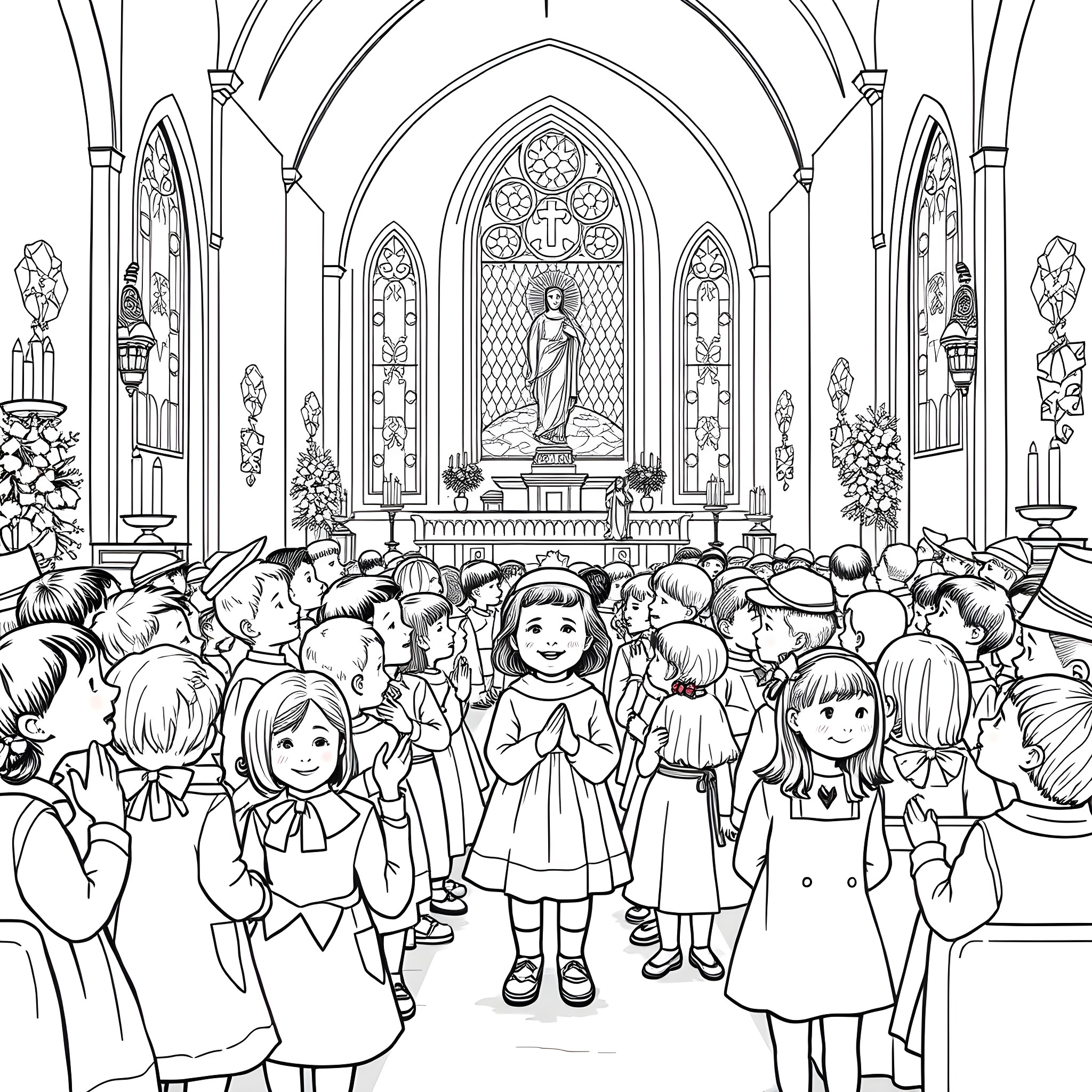 Kid worshiping at a church gathering Coloring Page (free black-and-white line drawing printable PDF for all, from beginners to advanced learners, including children, teens, adults, and seniors)