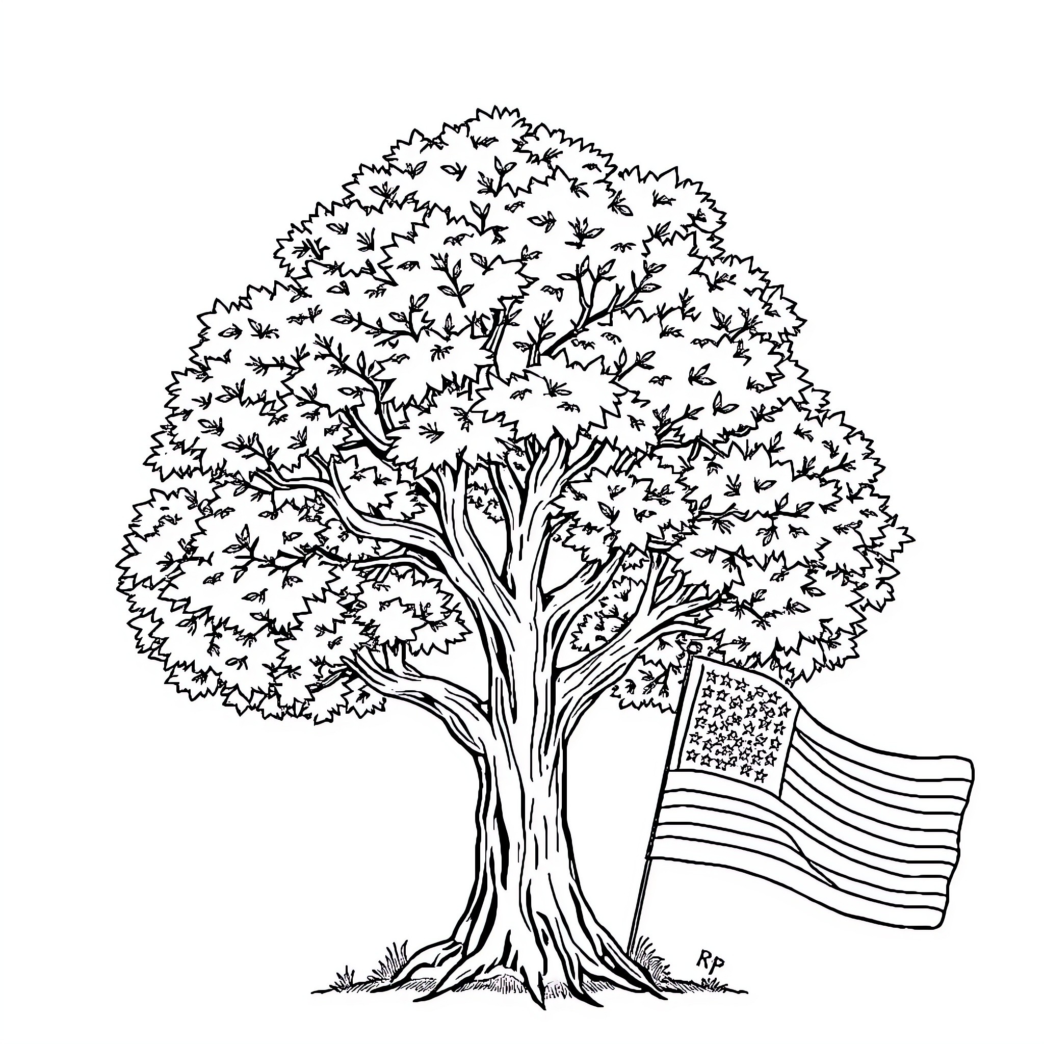 Tree with waving American flag Coloring Page (free black-and-white line drawing printable PDF for all, from beginners to advanced learners, including children, teens, adults, and seniors)