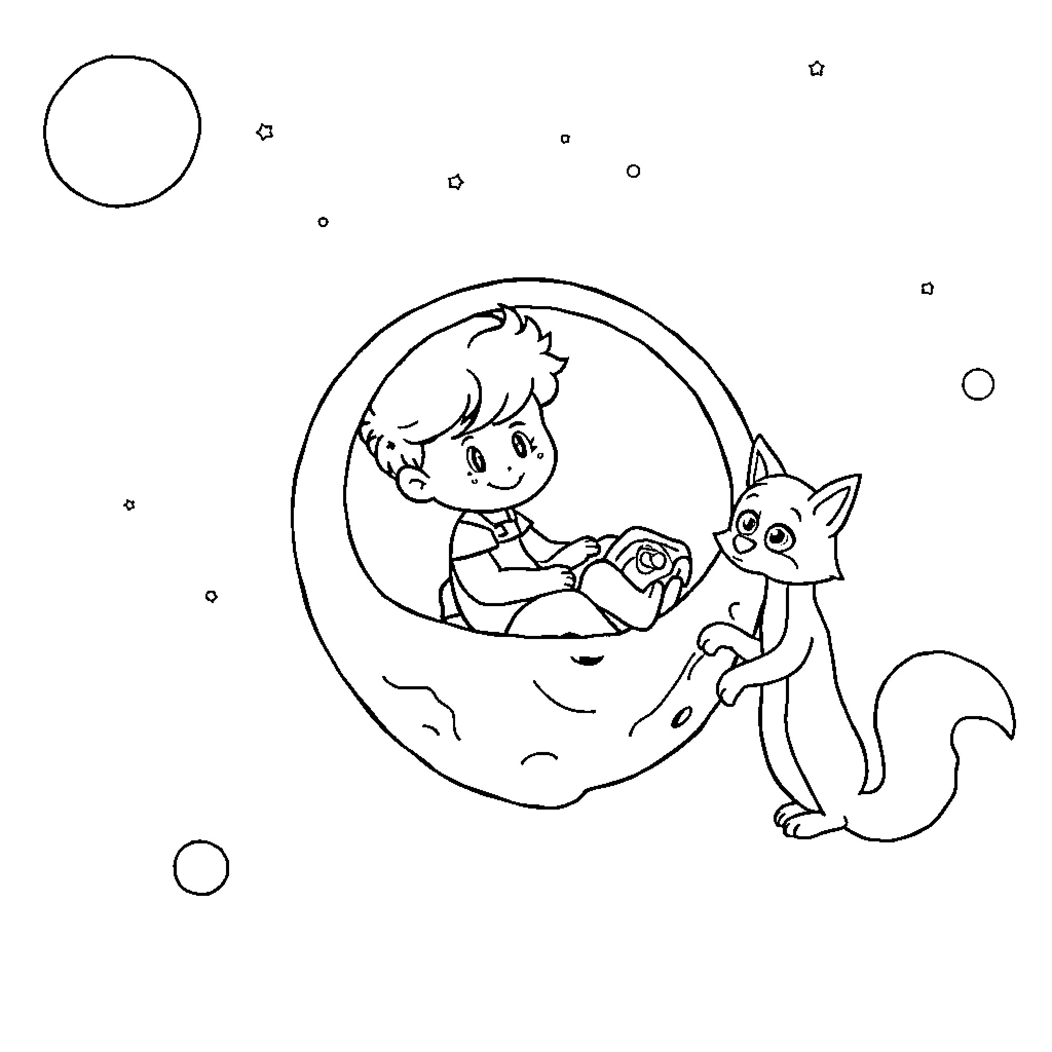 Principito's Whimsical Adventure with Furry Companion Coloring Page (free black-and-white line drawing printable PDF for all, from beginners to advanced learners, including children, teens, adults, and seniors)