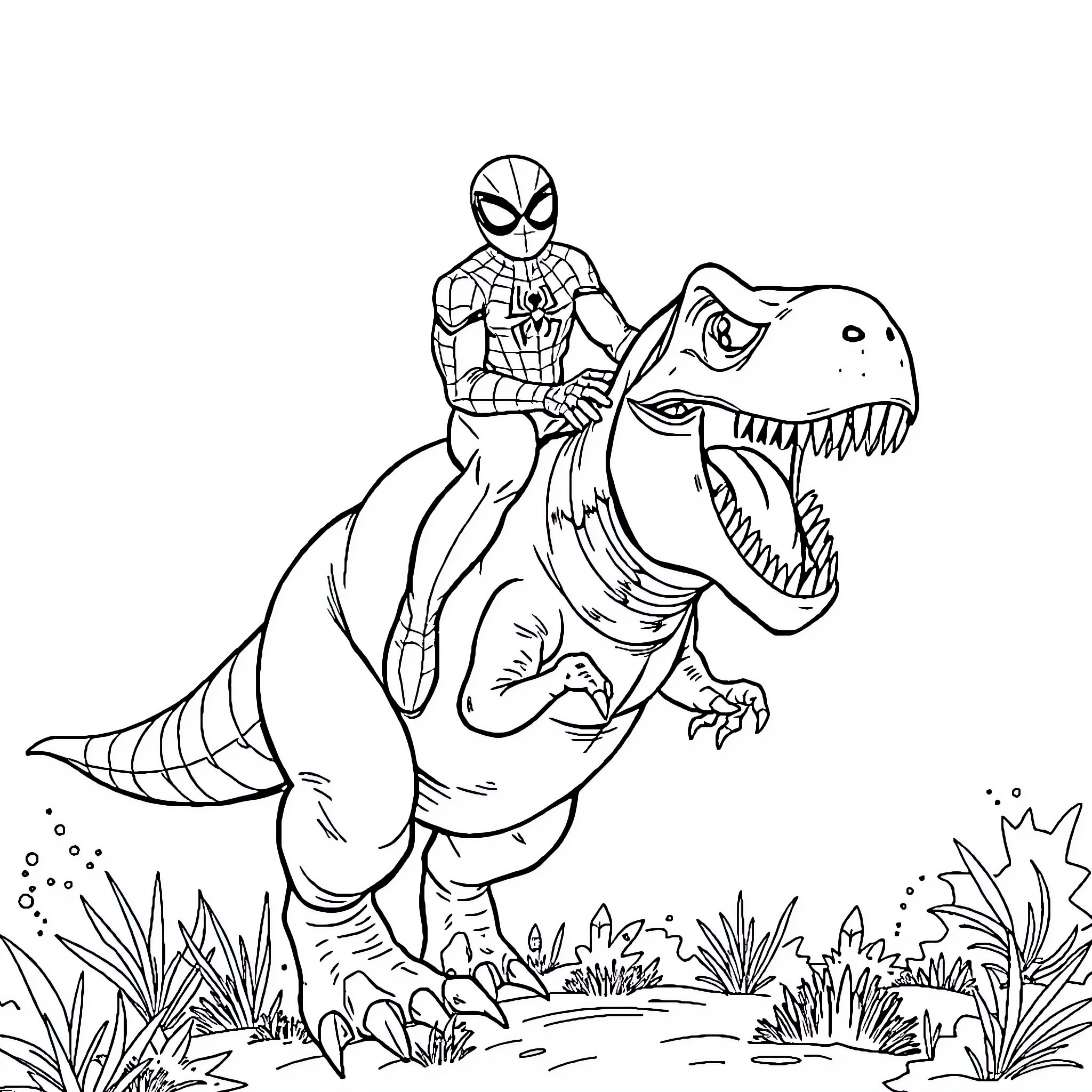 Spidey riding a fierce T-Rex in the wild Coloring Page (free black-and-white line drawing printable PDF for all, from beginners to advanced learners, including children, teens, adults, and seniors)