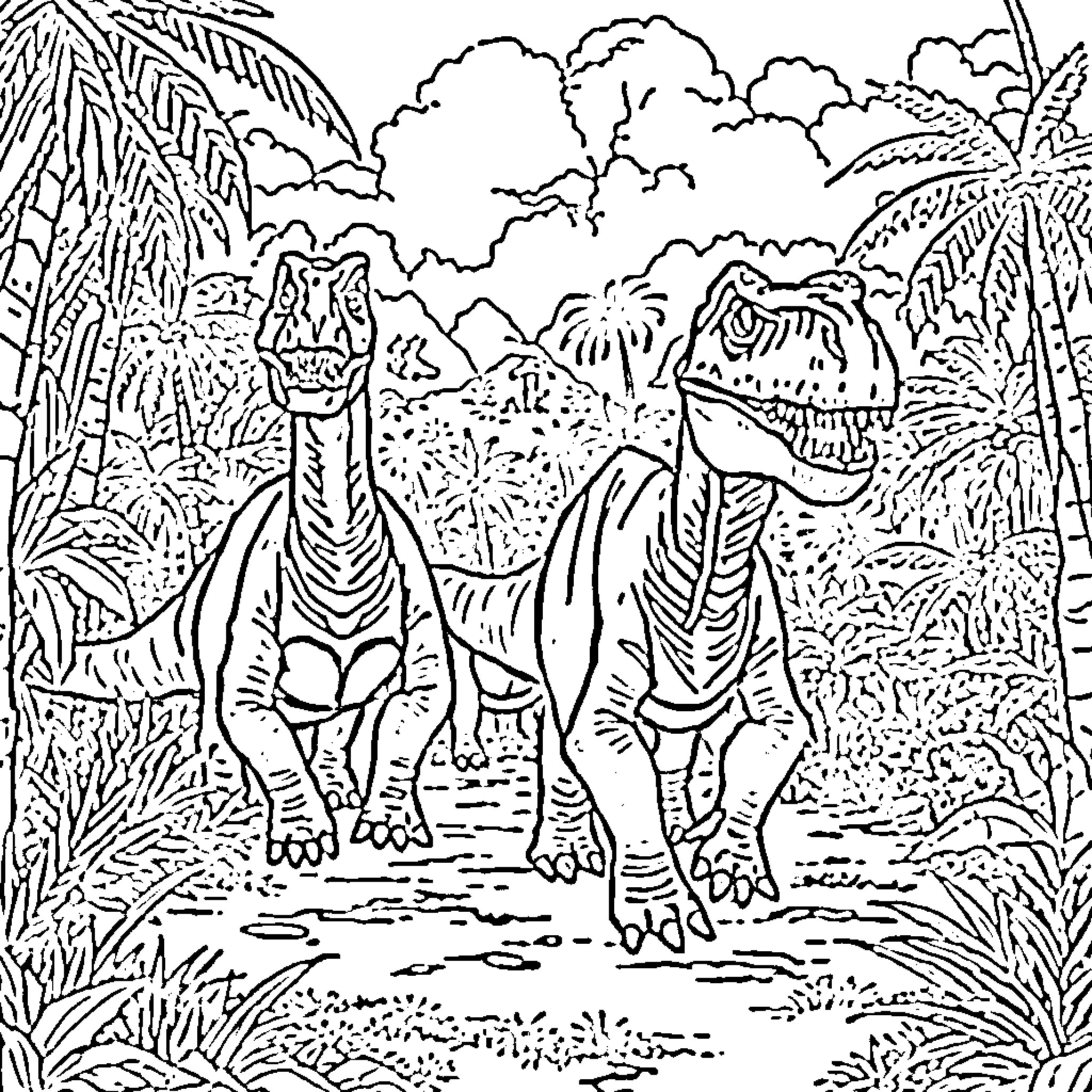 Dinosaur Roaring Together in Prehistoric Landscape Coloring Page (free black-and-white line drawing printable PDF for all, from beginners to advanced learners, including children, teens, adults, and seniors)