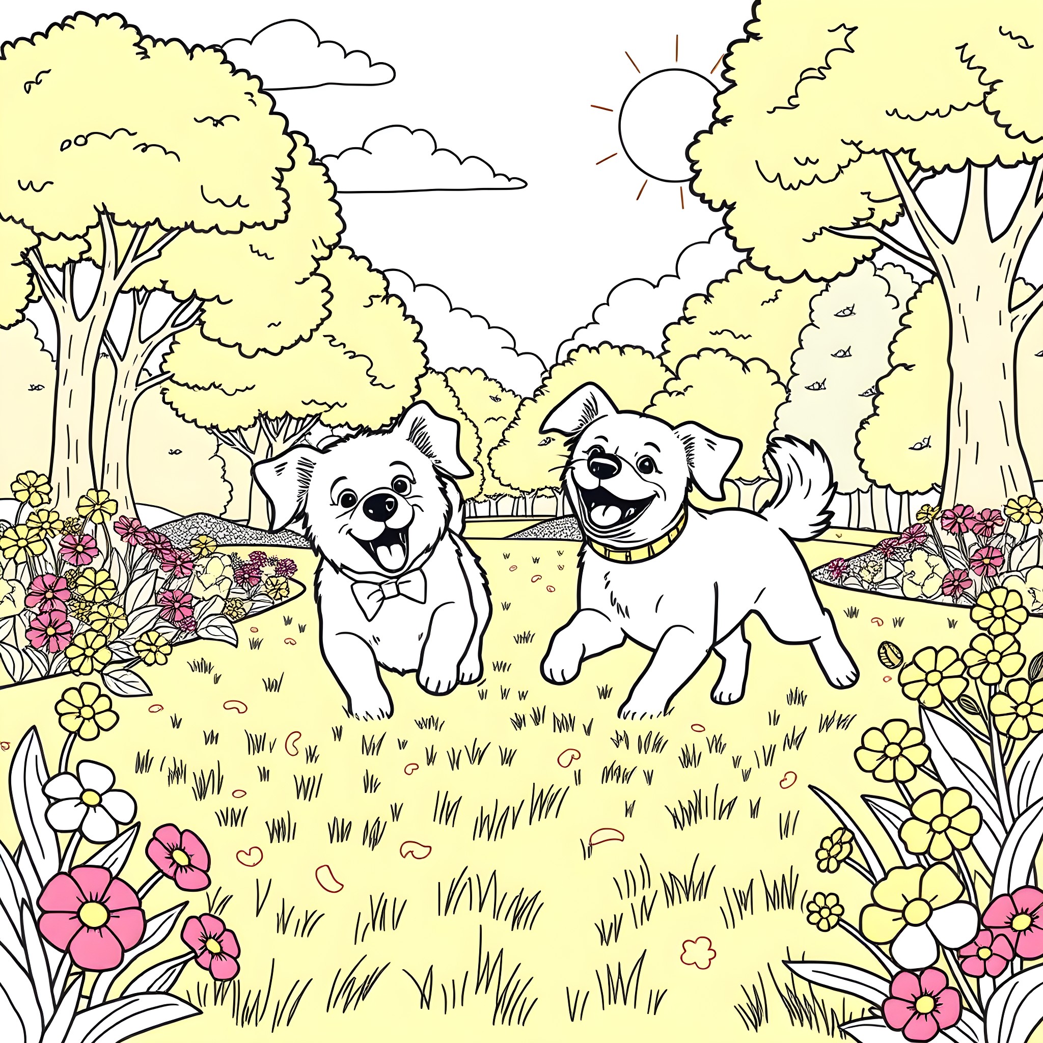 Dogs playing happily in a sunny garden Coloring Page (free black-and-white line drawing printable PDF for all, from beginners to advanced learners, including children, teens, adults, and seniors)
