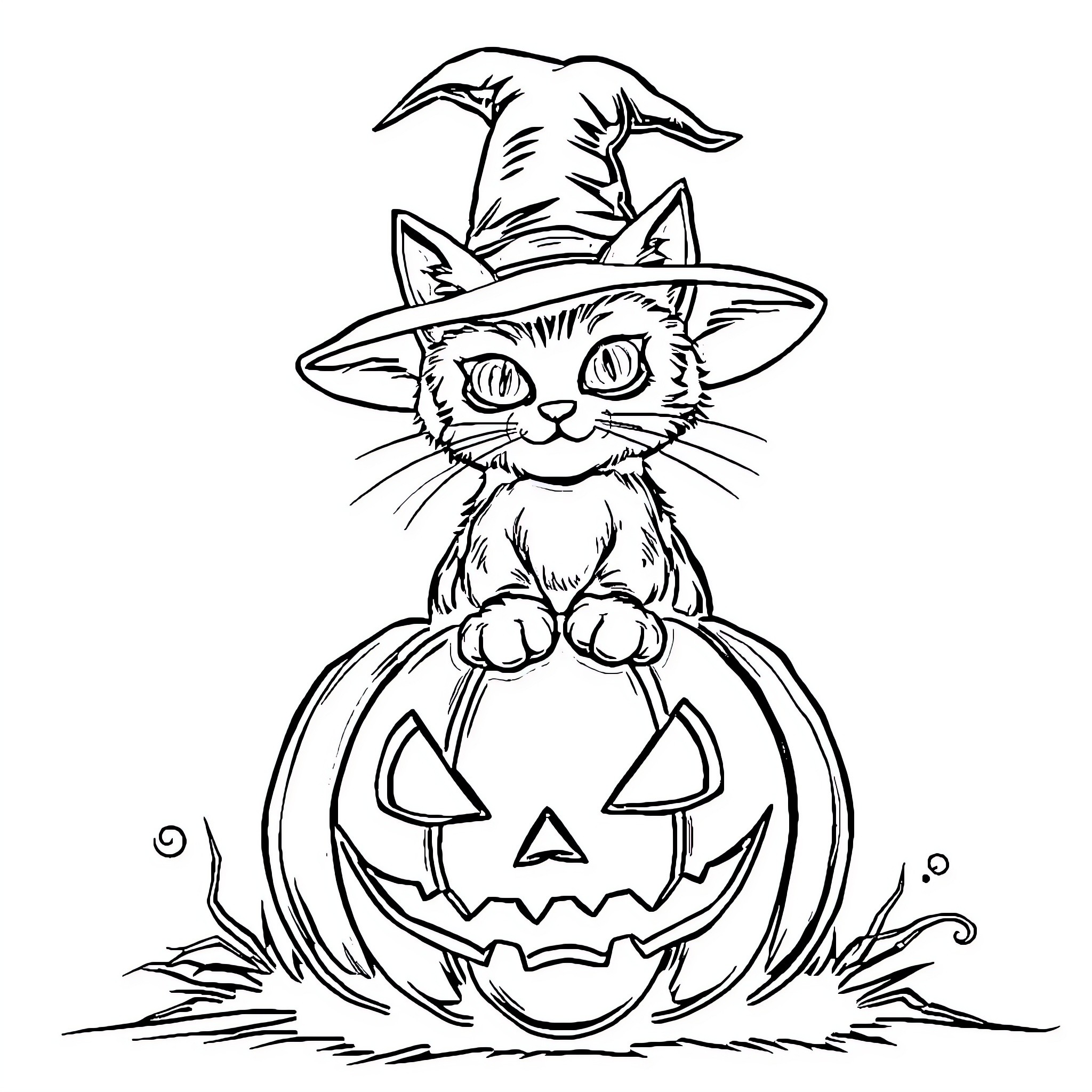 Cat in Witch Hat on Halloween Pumpkin Coloring Page (free black-and-white line drawing printable PDF for all, from beginners to advanced learners, including children, teens, adults, and seniors)