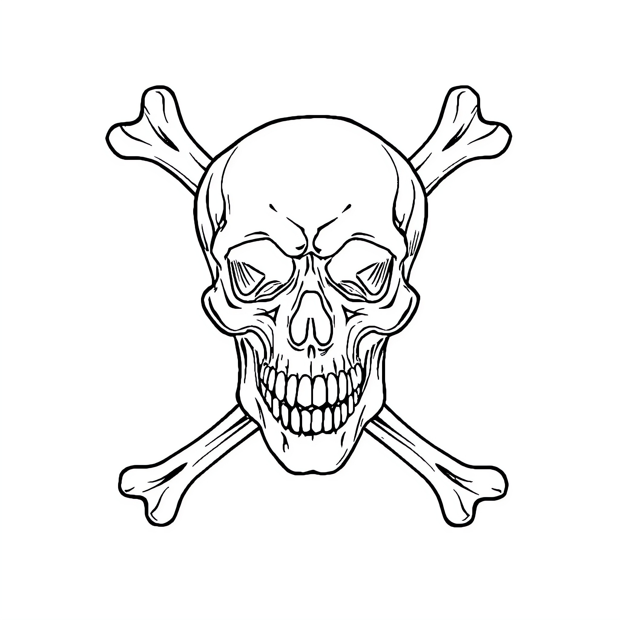 Skull and Crossbones with Ominous Expression Coloring Page (free black-and-white line drawing printable PDF for all, from beginners to advanced learners, including children, teens, adults, and seniors)
