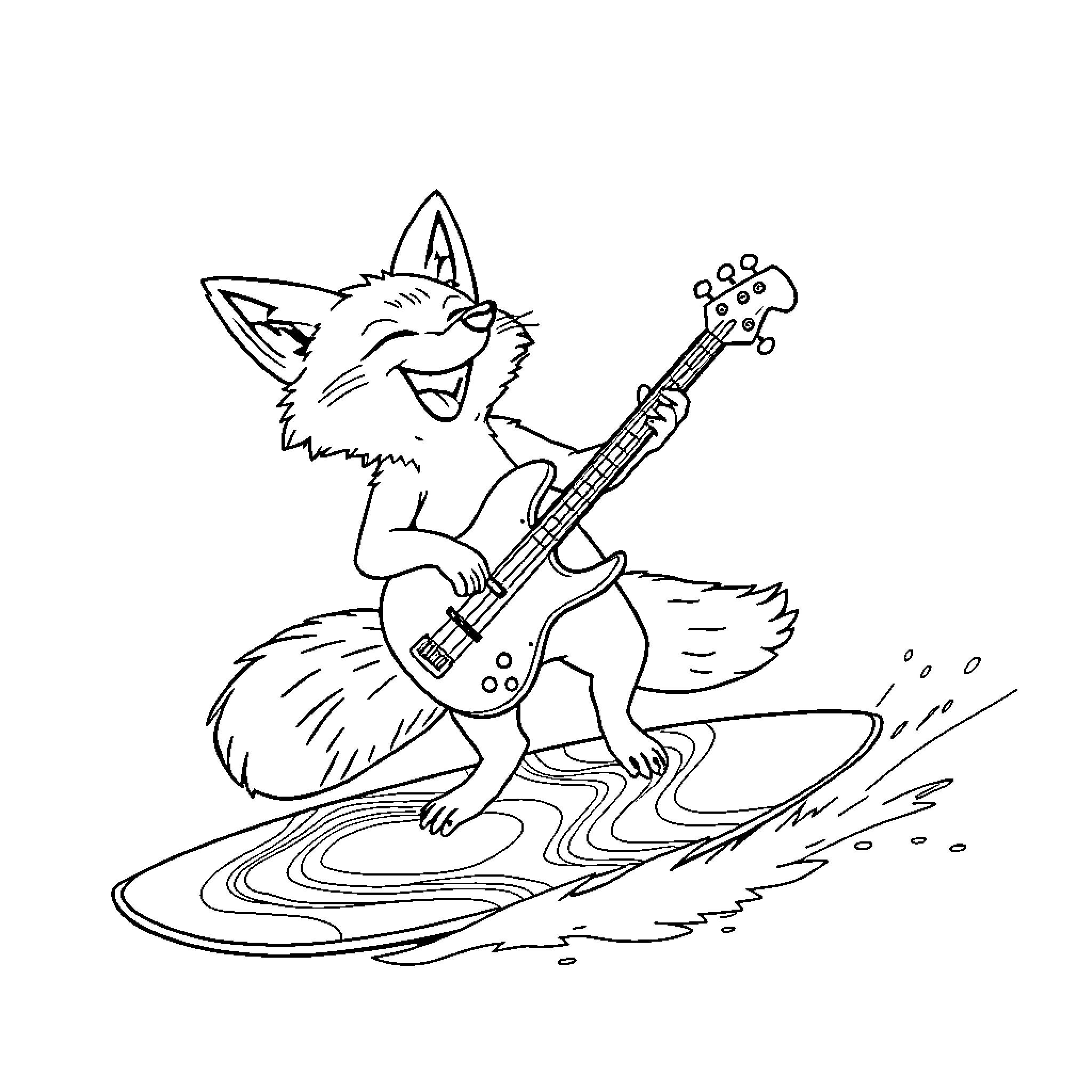 Fox rocking out on electric guitar Coloring Page (free black-and-white line drawing printable PDF for all, from beginners to advanced learners, including children, teens, adults, and seniors)