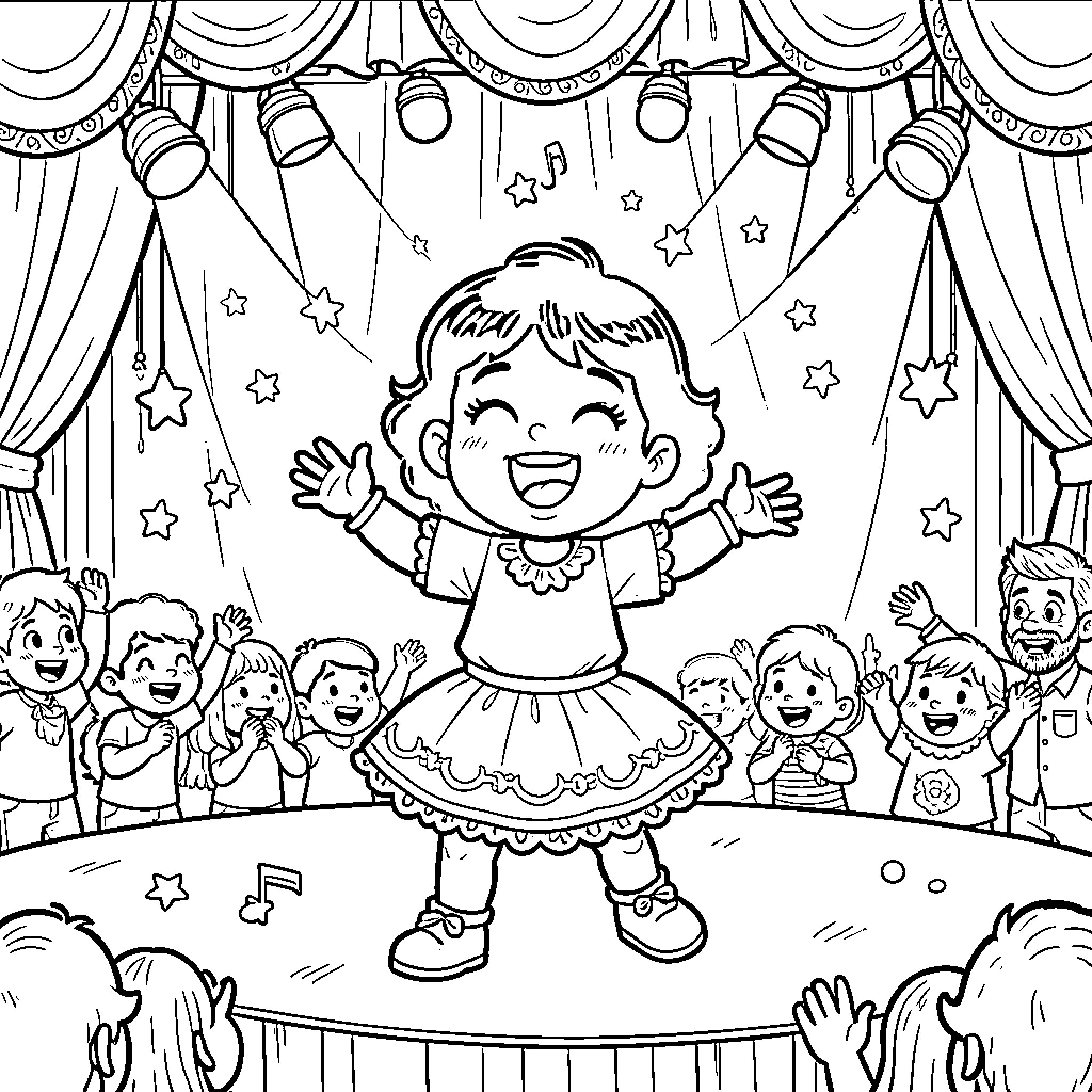 Coco Cantajuego performs joyfully on stage Coloring Page (free black-and-white line drawing printable PDF for all, from beginners to advanced learners, including children, teens, adults, and seniors)