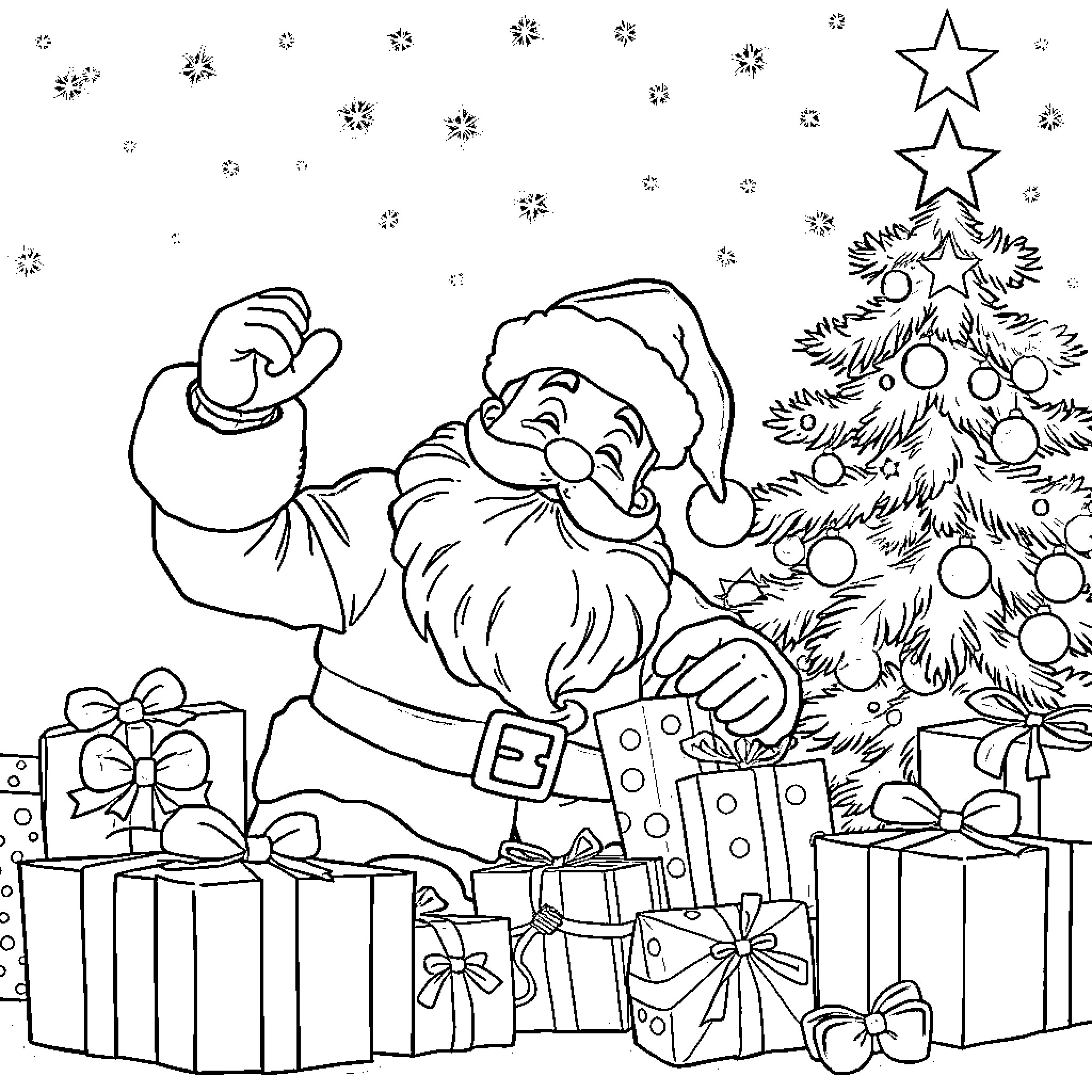 Santa decorating the Christmas tree with presents Coloring Page (free black-and-white line drawing printable PDF for all, from beginners to advanced learners, including children, teens, adults, and seniors)