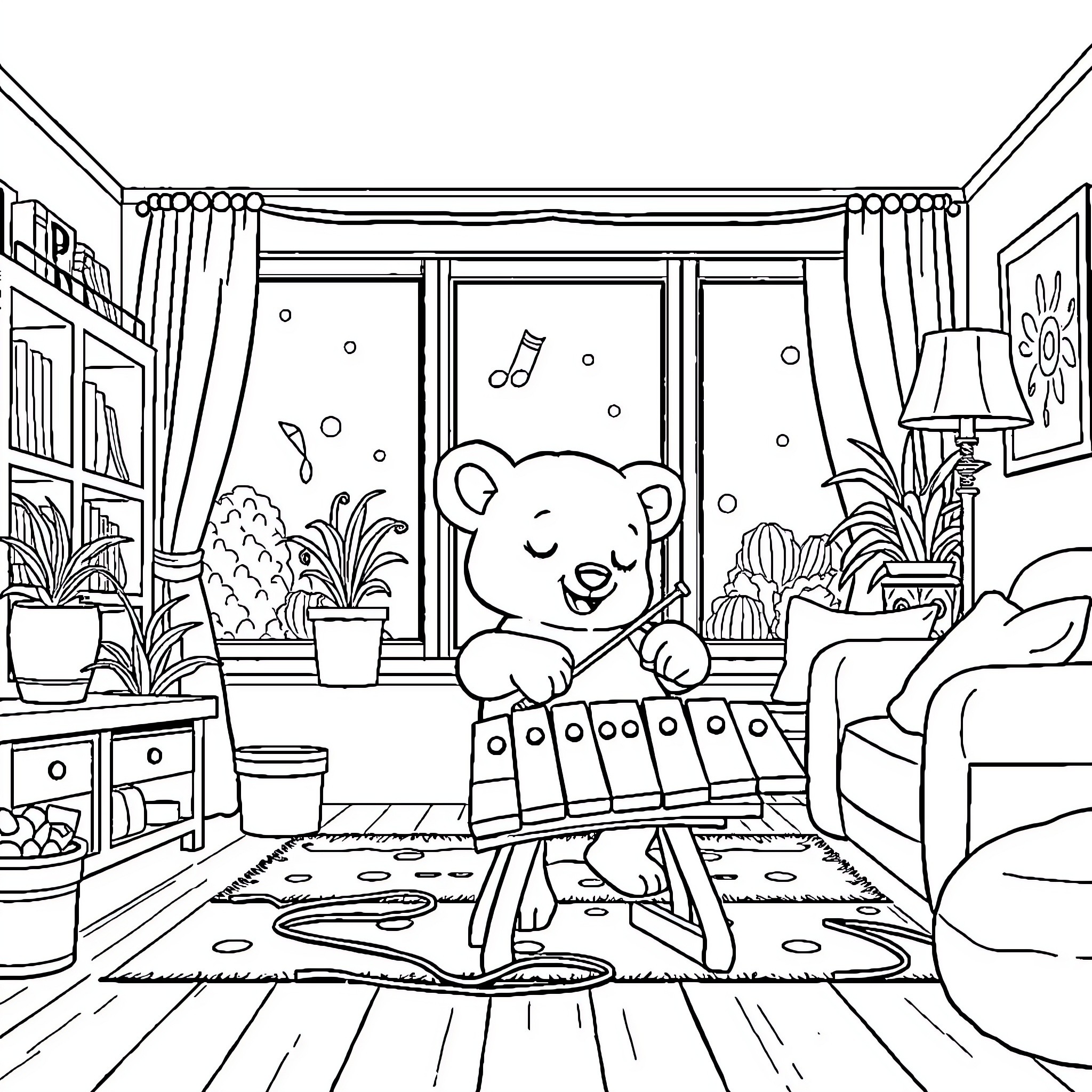 Bluey playing with toys in cozy indoor scene Coloring Page (free black-and-white line drawing printable PDF for all, from beginners to advanced learners, including children, teens, adults, and seniors)