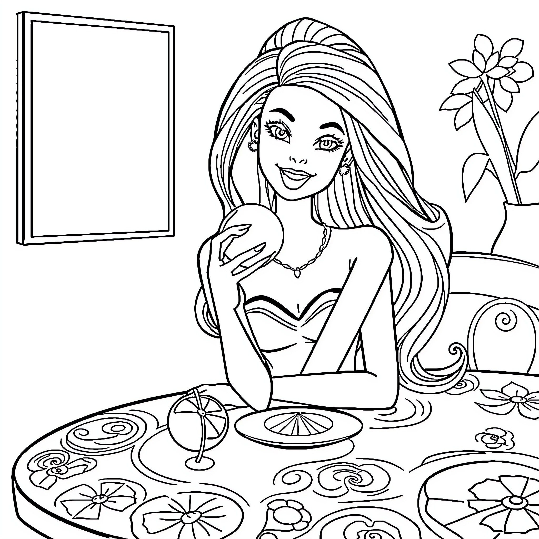 Barbie relaxing with a drink in a floral setting Coloring Page (free black-and-white line drawing printable PDF for all, from beginners to advanced learners, including children, teens, adults, and seniors)