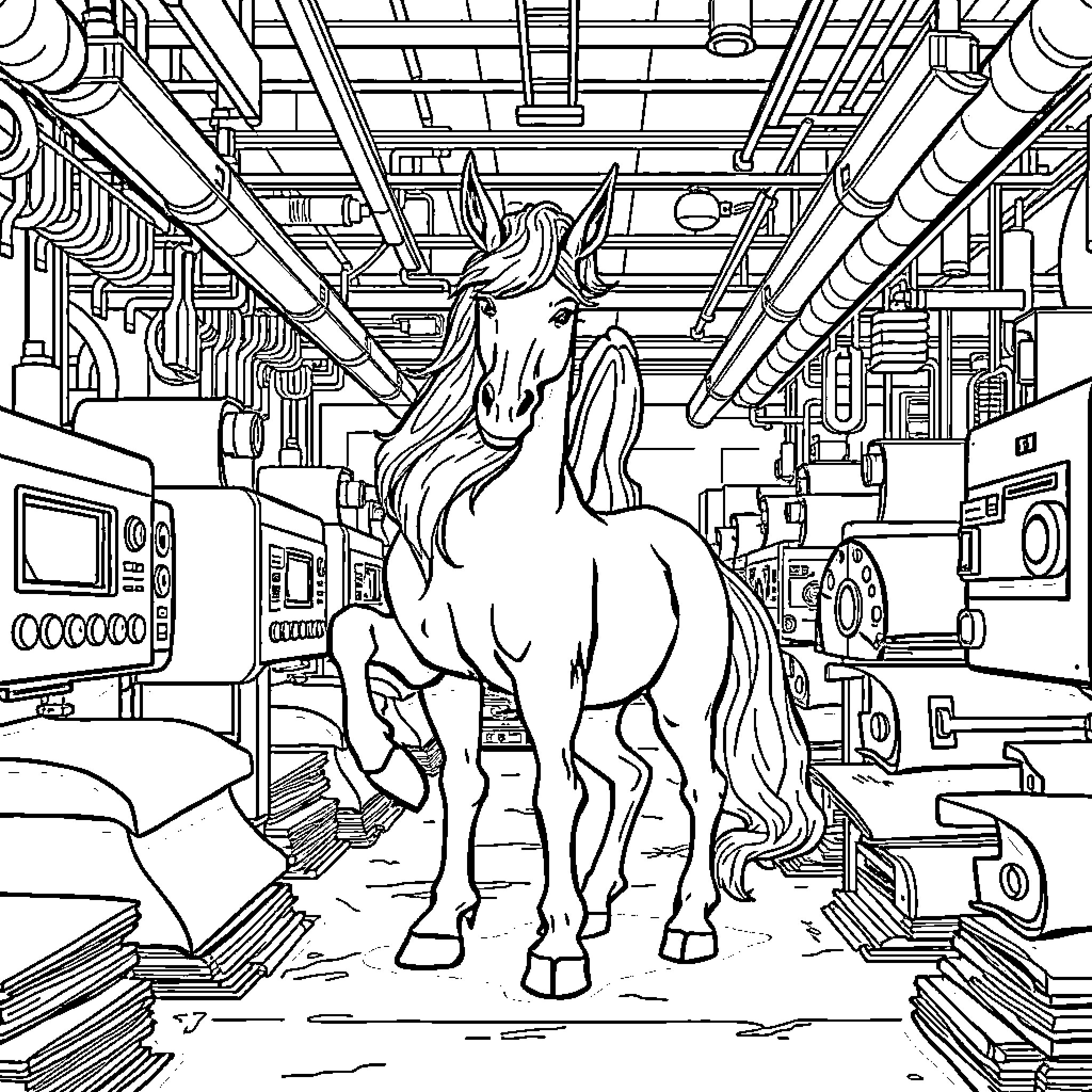 Centaur exploring the futuristic industrial complex Coloring Page (free black-and-white line drawing printable PDF for all, from beginners to advanced learners, including children, teens, adults, and seniors)