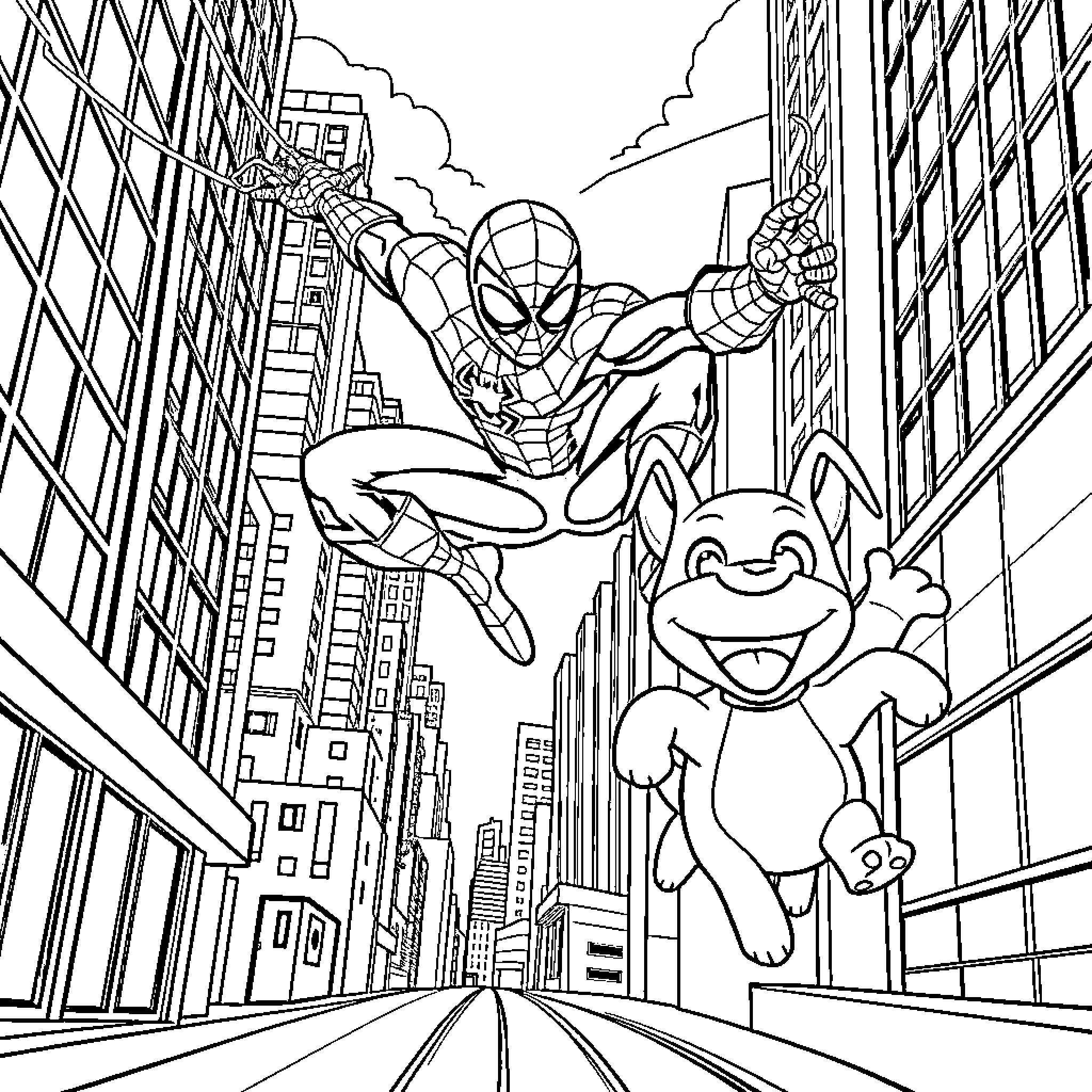 Spider-Man swinging through the city with Olaf Coloring Page (free black-and-white line drawing printable PDF for all, from beginners to advanced learners, including children, teens, adults, and seniors)