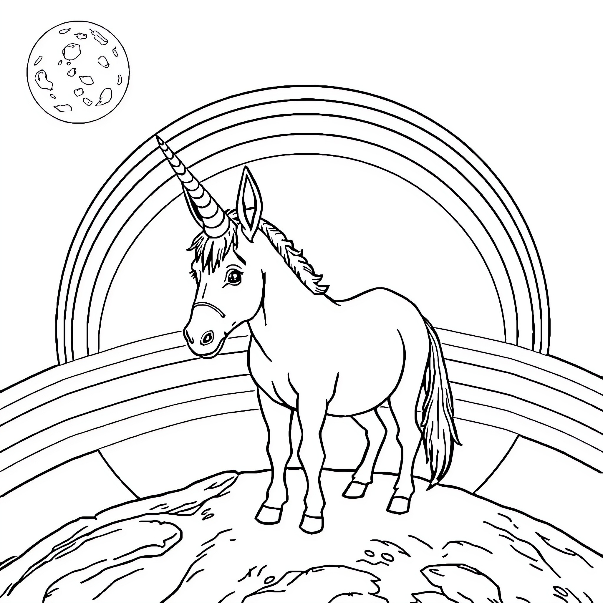 Donkey unicorn standing under rainbow in nature Coloring Page (free black-and-white line drawing printable PDF for all, from beginners to advanced learners, including children, teens, adults, and seniors)