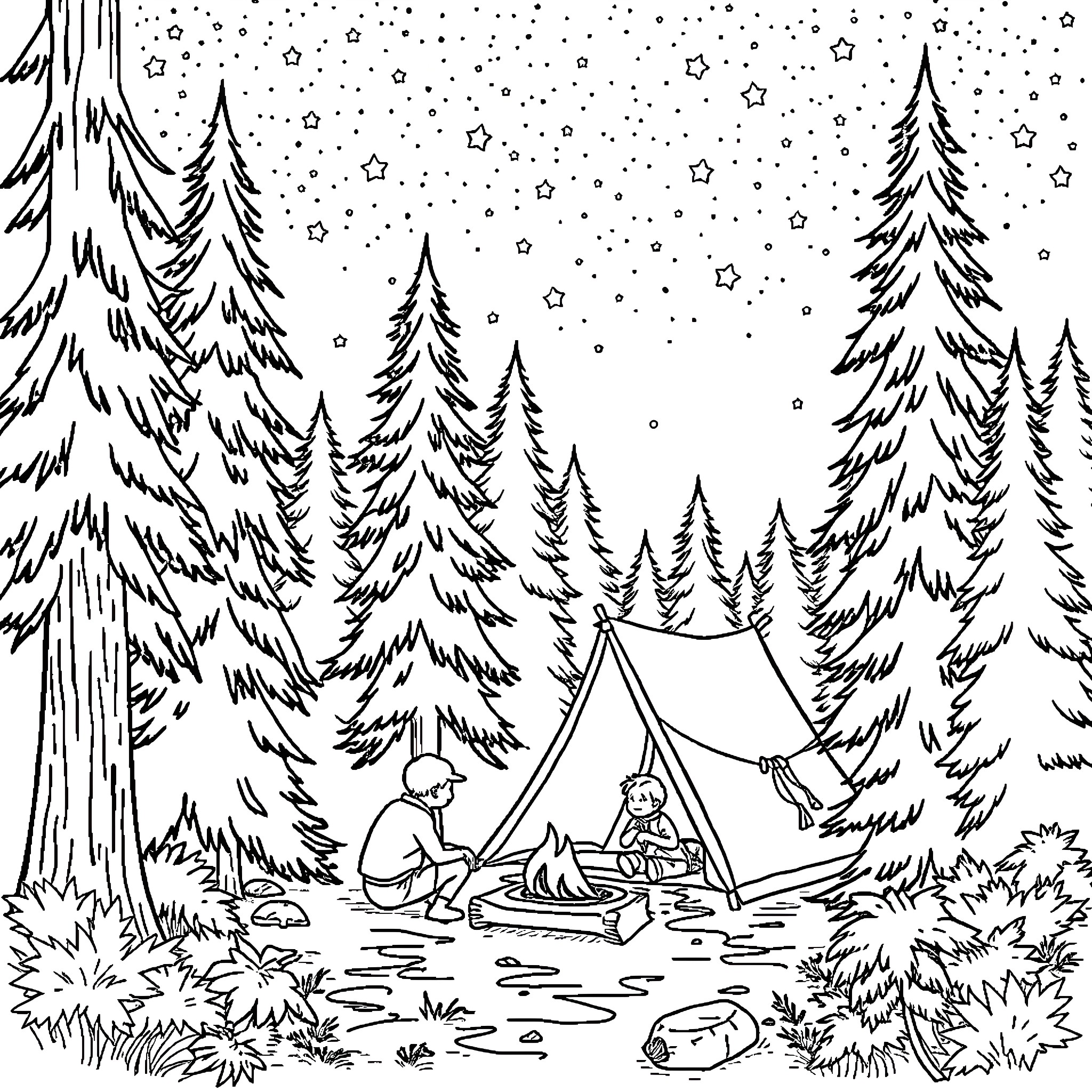 Scout camping in the snowy forest Coloring Page (free black-and-white line drawing printable PDF for all, from beginners to advanced learners, including children, teens, adults, and seniors)