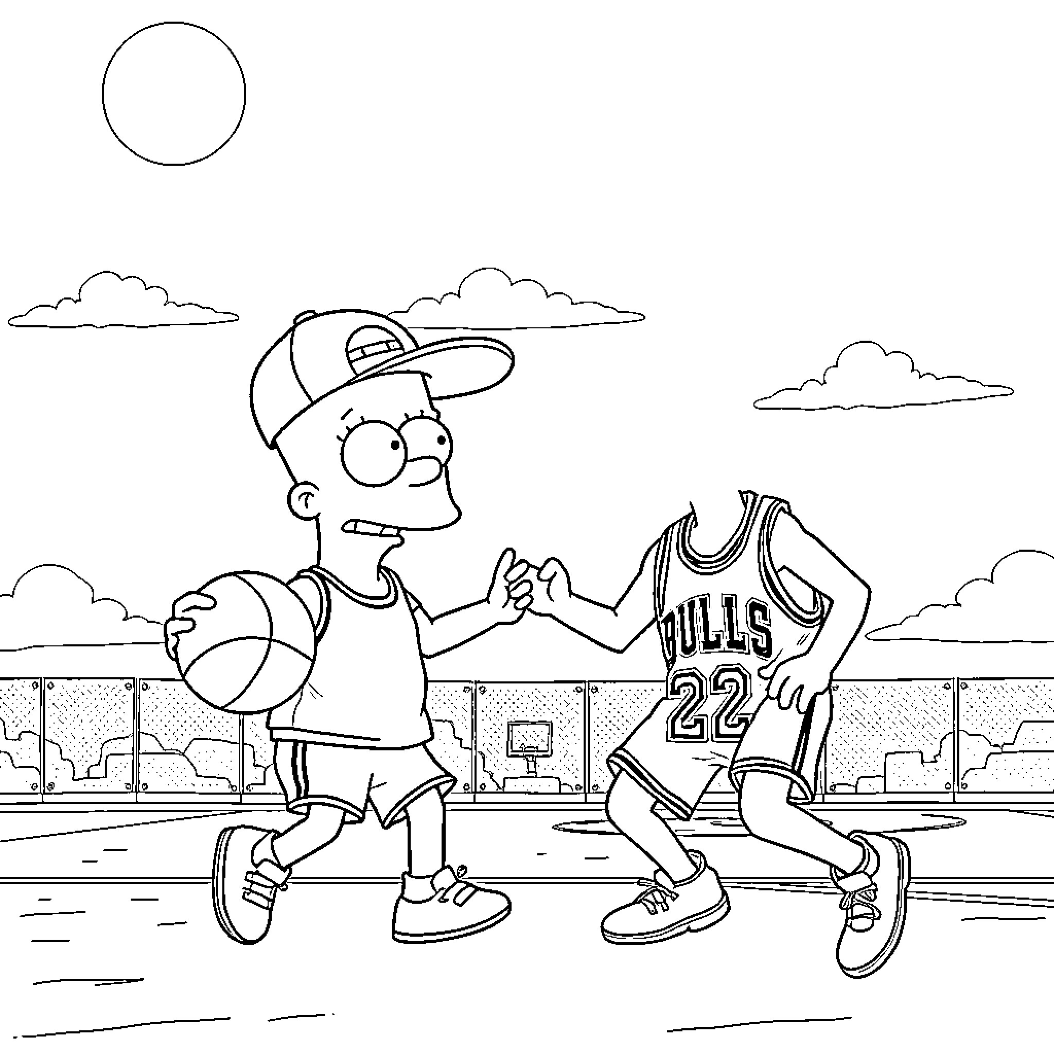 Bart Simpson playing basketball with player in Chicago Bulls jersey Coloring Page (free black-and-white line drawing printable PDF for all, from beginners to advanced learners, including children, teens, adults, and seniors)