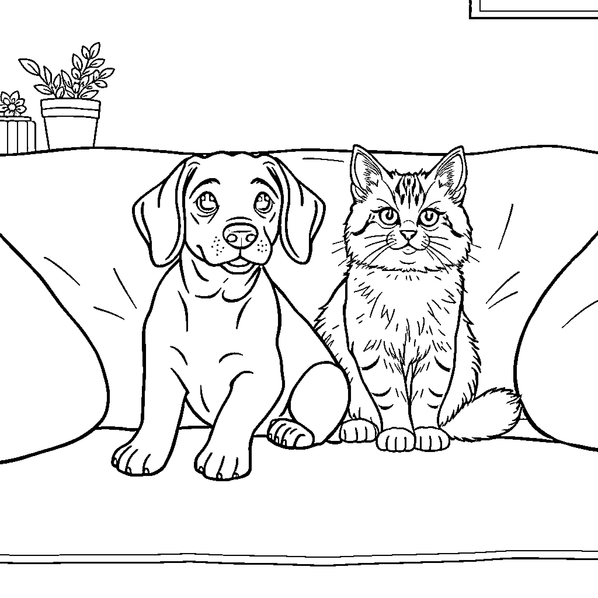 Dog and cat sitting together in the home Coloring Page (free black-and-white line drawing printable PDF for all, from beginners to advanced learners, including children, teens, adults, and seniors)