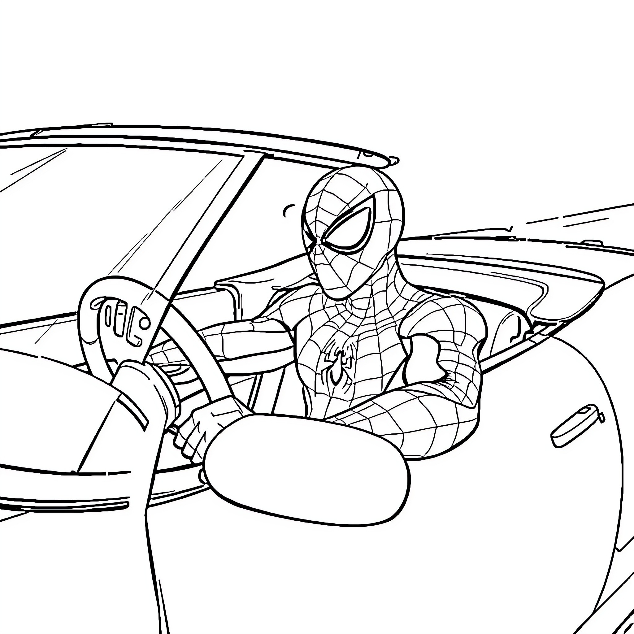 Spider-Man swinging through the city in his superhero attire Coloring Page (free black-and-white line drawing printable PDF for all, from beginners to advanced learners, including children, teens, adults, and seniors)