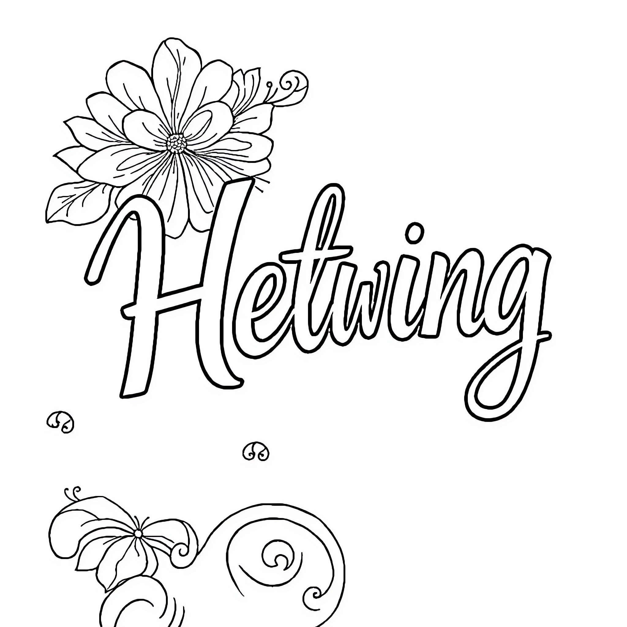 Blue Floral Lettering with Butterflies Coloring Page (free black-and-white line drawing printable PDF for all, from beginners to advanced learners, including children, teens, adults, and seniors)