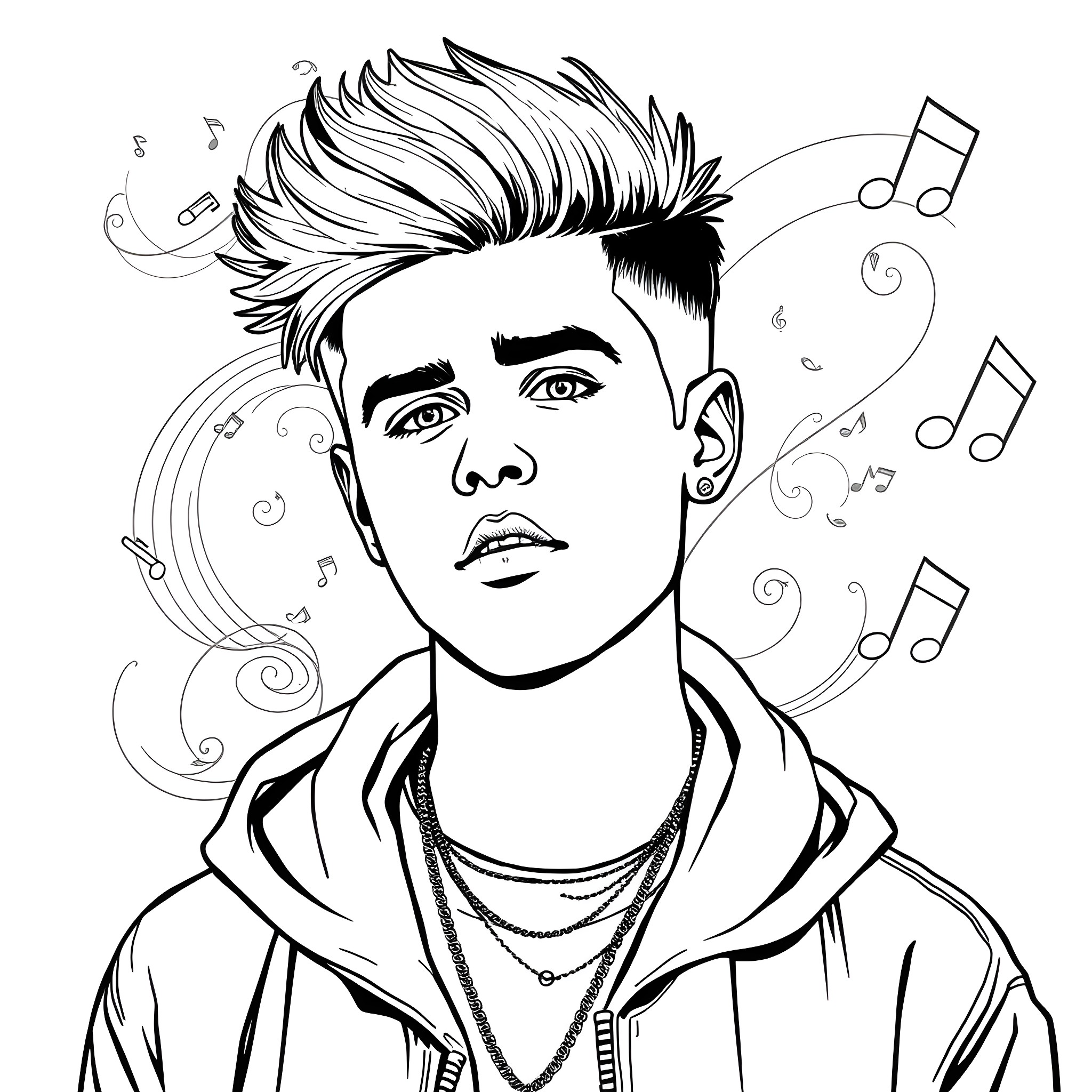 Justin Bieber listening to music with flair Coloring Page (free black-and-white line drawing printable PDF for all, from beginners to advanced learners, including children, teens, adults, and seniors)