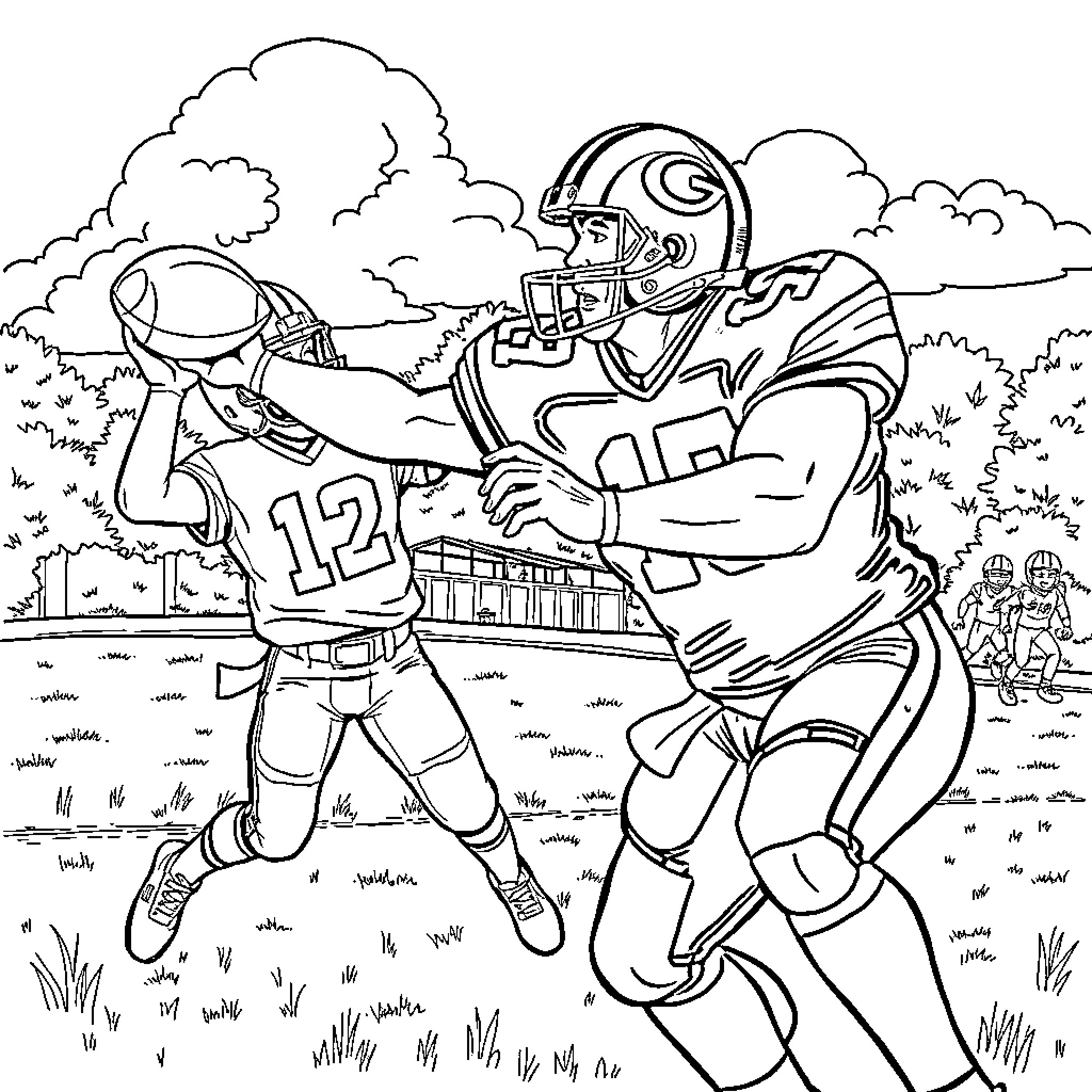 Brock Purdy playing football on the field Coloring Page (free black-and-white line drawing printable PDF for all, from beginners to advanced learners, including children, teens, adults, and seniors)