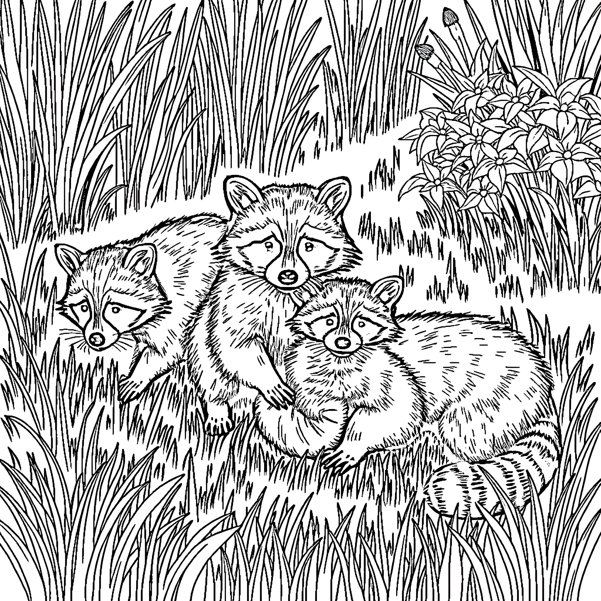 Raccoon family exploring the wilderness Coloring Page (free black-and-white line drawing printable PDF for all, from beginners to advanced learners, including children, teens, adults, and seniors)