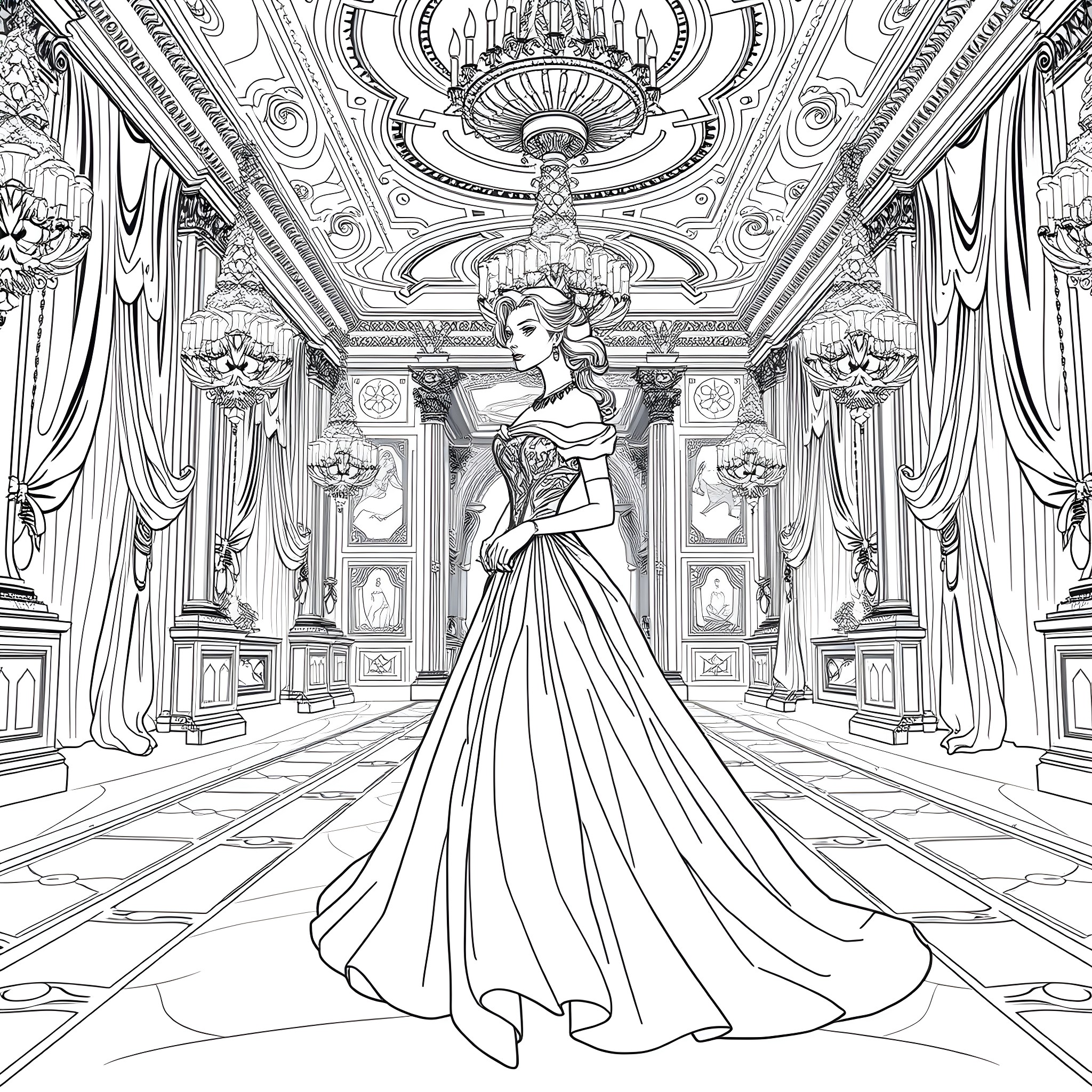 Princess in Elegant Ballroom Coloring Page (free black-and-white line drawing printable PDF for all, from beginners to advanced learners, including children, teens, adults, and seniors)