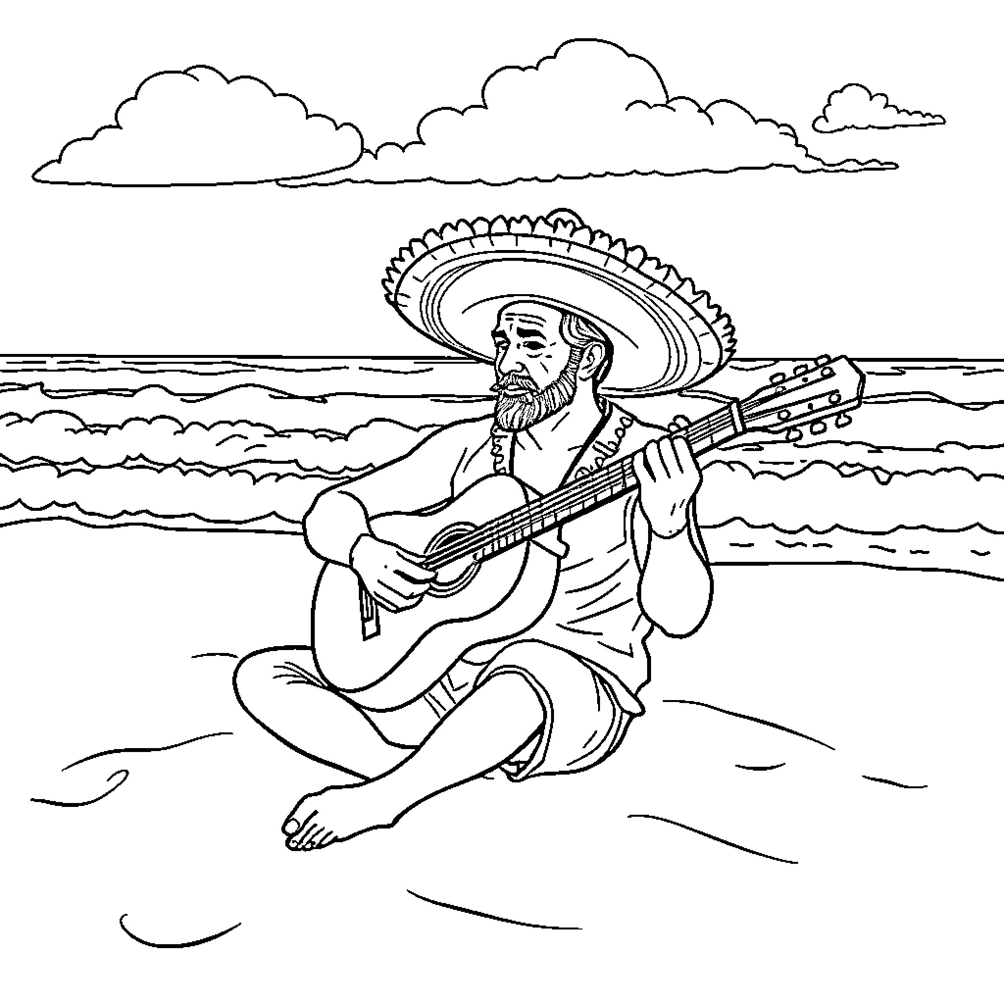 Man playing guitar on the beach Coloring Page (free black-and-white line drawing printable PDF for all, from beginners to advanced learners, including children, teens, adults, and seniors)