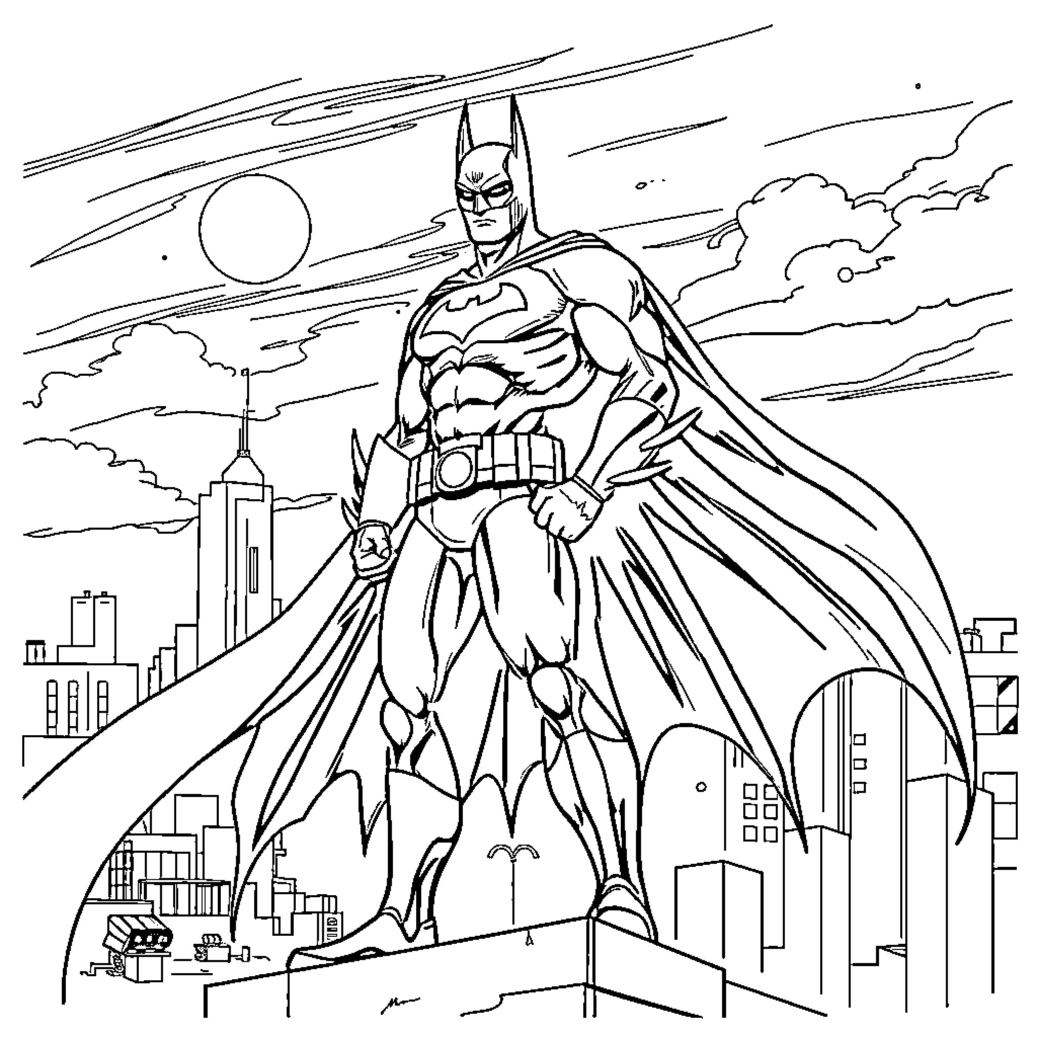 Batman standing heroically in the city Coloring Page (free black-and-white line drawing printable PDF for all, from beginners to advanced learners, including children, teens, adults, and seniors)