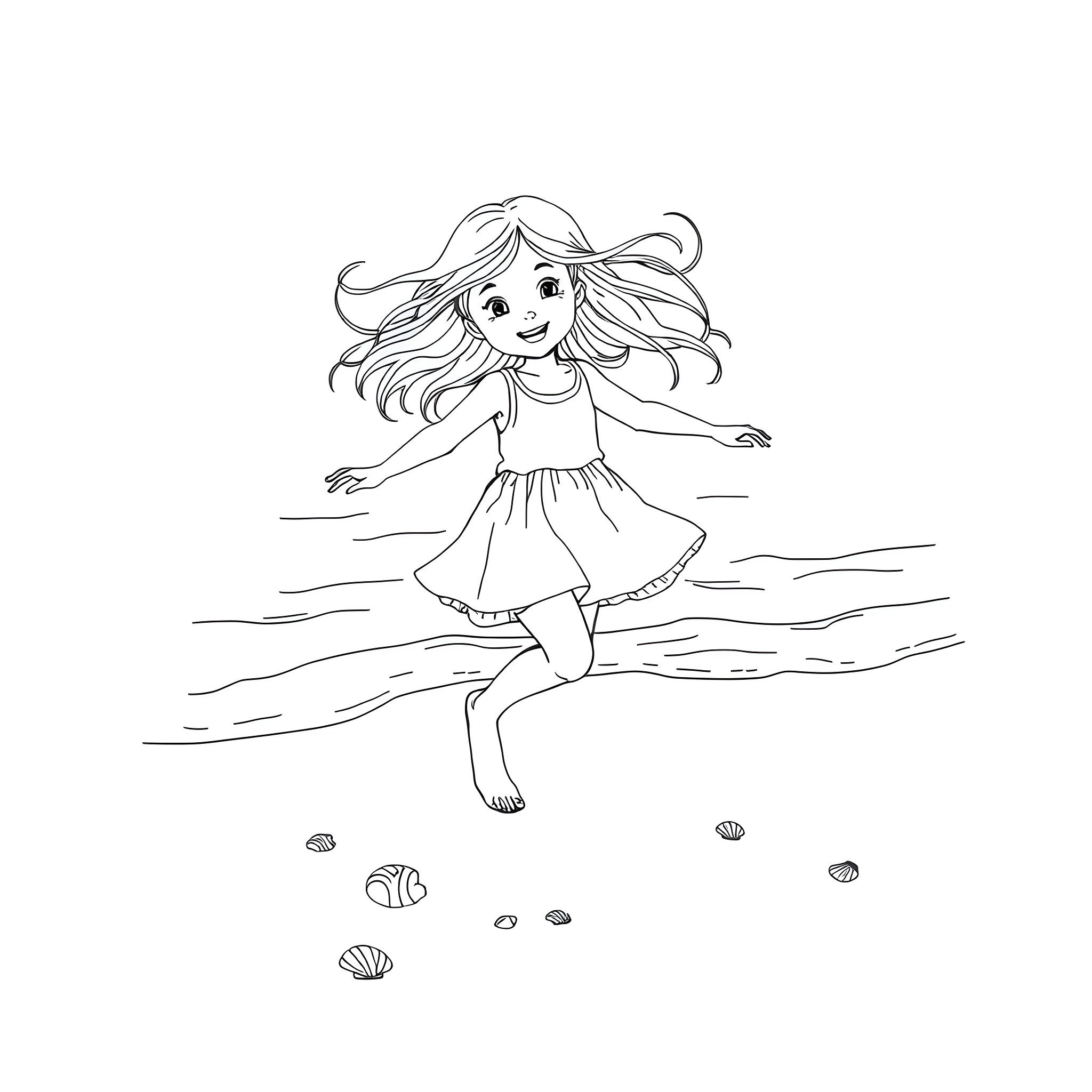 Girl playing joyfully on the beach Coloring Page (free black-and-white line drawing printable PDF for all, from beginners to advanced learners, including children, teens, adults, and seniors)