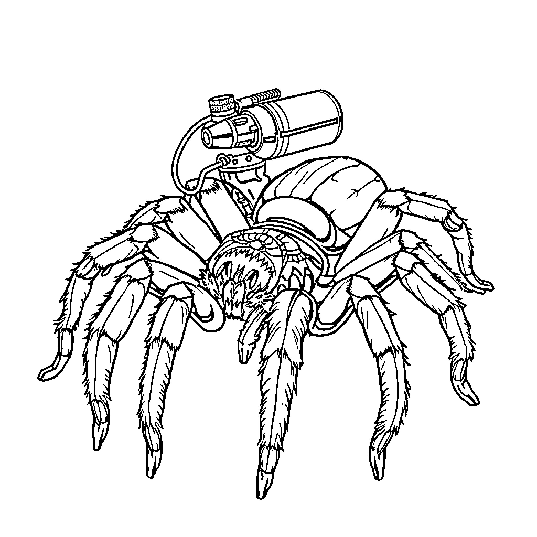 Tarantula wielding a miniature flamethrower Coloring Page (free black-and-white line drawing printable PDF for all, from beginners to advanced learners, including children, teens, adults, and seniors)