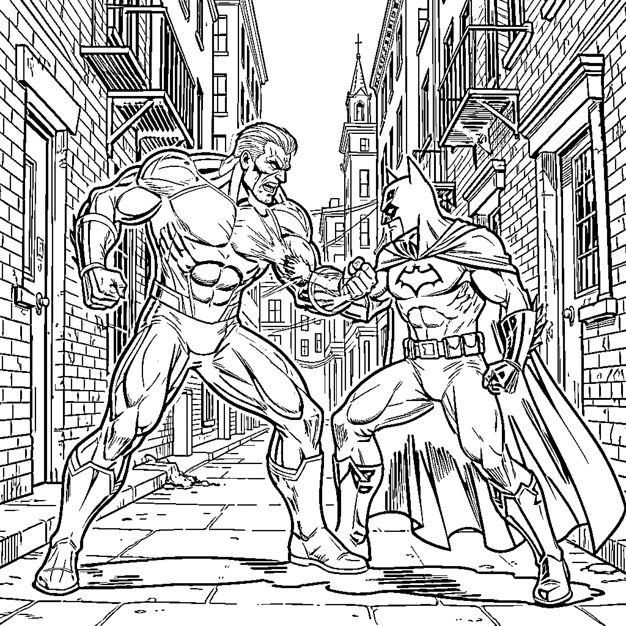 Omni Man battling Batman in a city alleyway Coloring Page (free black-and-white line drawing printable PDF for all, from beginners to advanced learners, including children, teens, adults, and seniors)