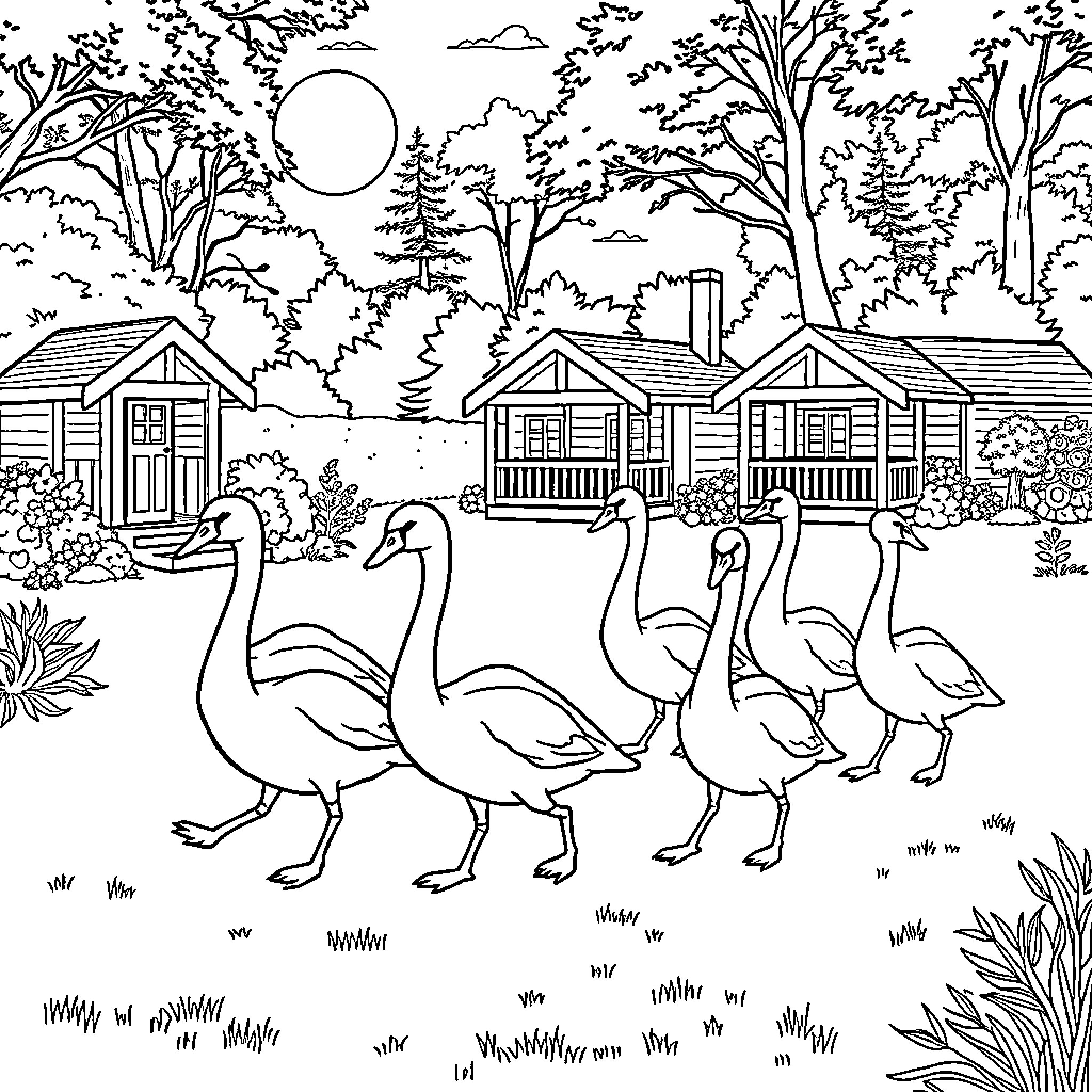 Swan Family Strolling through Peaceful Cabin Landscape Coloring Page (free black-and-white line drawing printable PDF for all, from beginners to advanced learners, including children, teens, adults, and seniors)