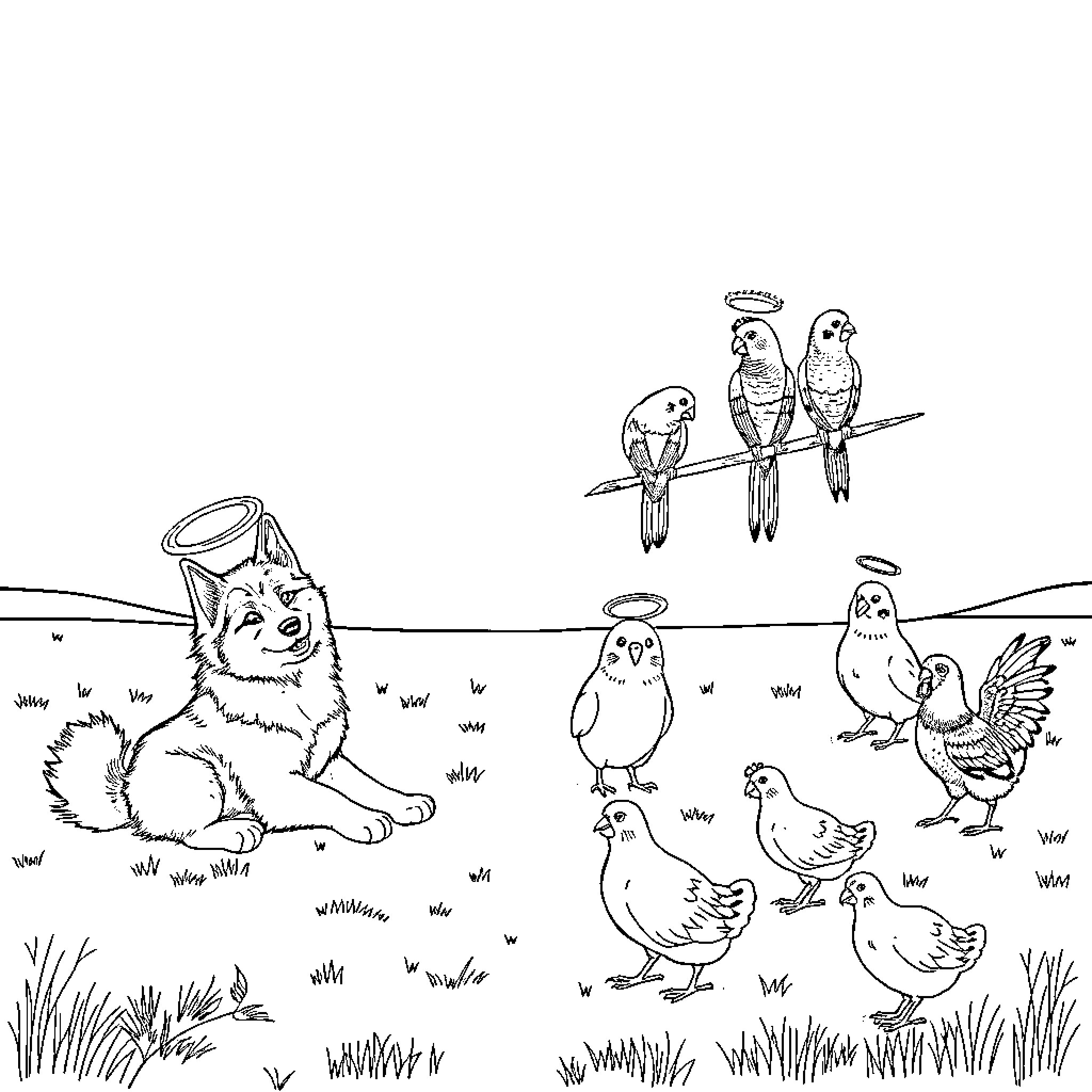 Husky and birds enjoying the outdoors Coloring Page (free black-and-white line drawing printable PDF for all, from beginners to advanced learners, including children, teens, adults, and seniors)