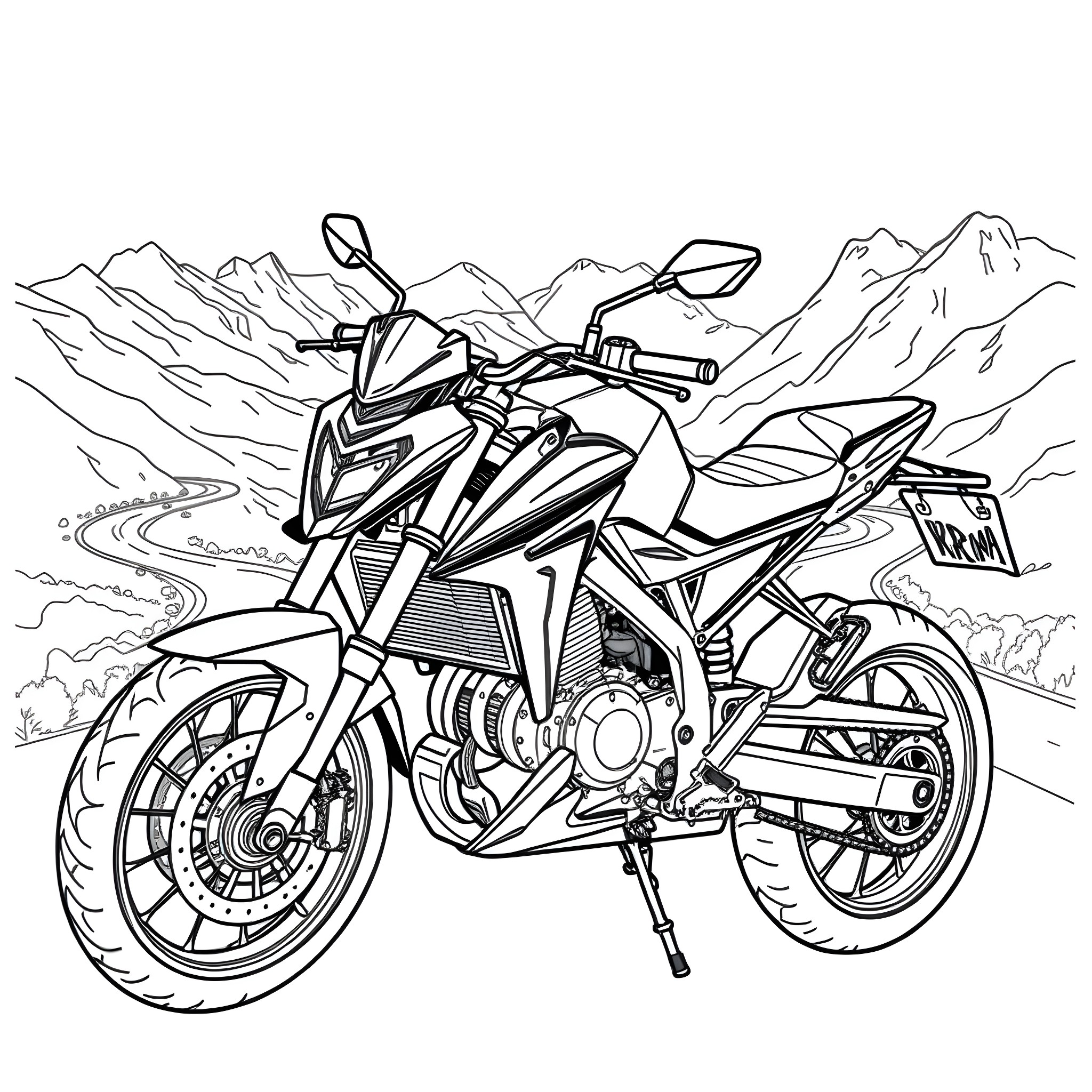Xrm 125 Motorcycle Riding in Mountain Scenery Coloring Page (free black-and-white line drawing printable PDF for all, from beginners to advanced learners, including children, teens, adults, and seniors)