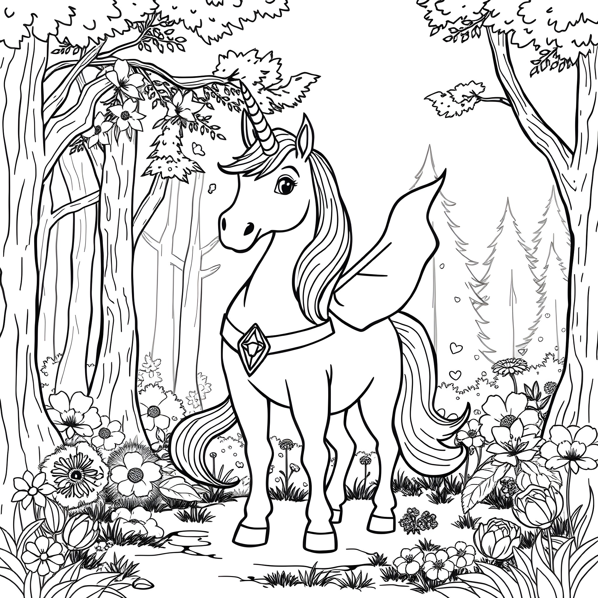 Unicorn in a Whimsical Forest Coloring Page (free black-and-white line drawing printable PDF for all, from beginners to advanced learners, including children, teens, adults, and seniors)