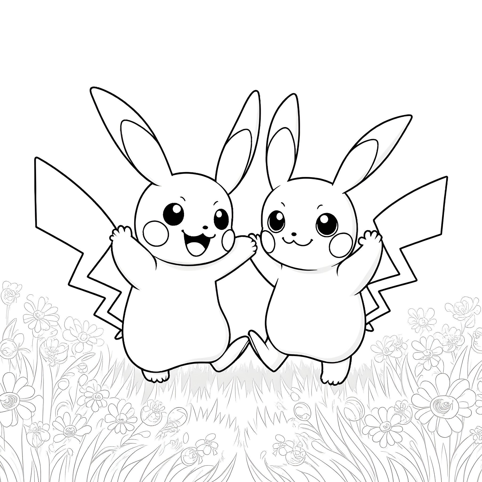 Pokémon Pikachu friends in a joyful embrace Coloring Page (free black-and-white line drawing printable PDF for all, from beginners to advanced learners, including children, teens, adults, and seniors)