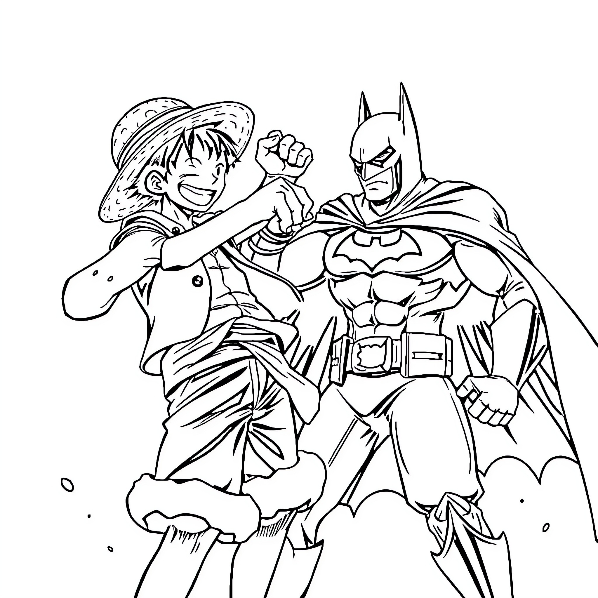 Luffy Meets the Dark Knight in Action Coloring Page (free black-and-white line drawing printable PDF for all, from beginners to advanced learners, including children, teens, adults, and seniors)