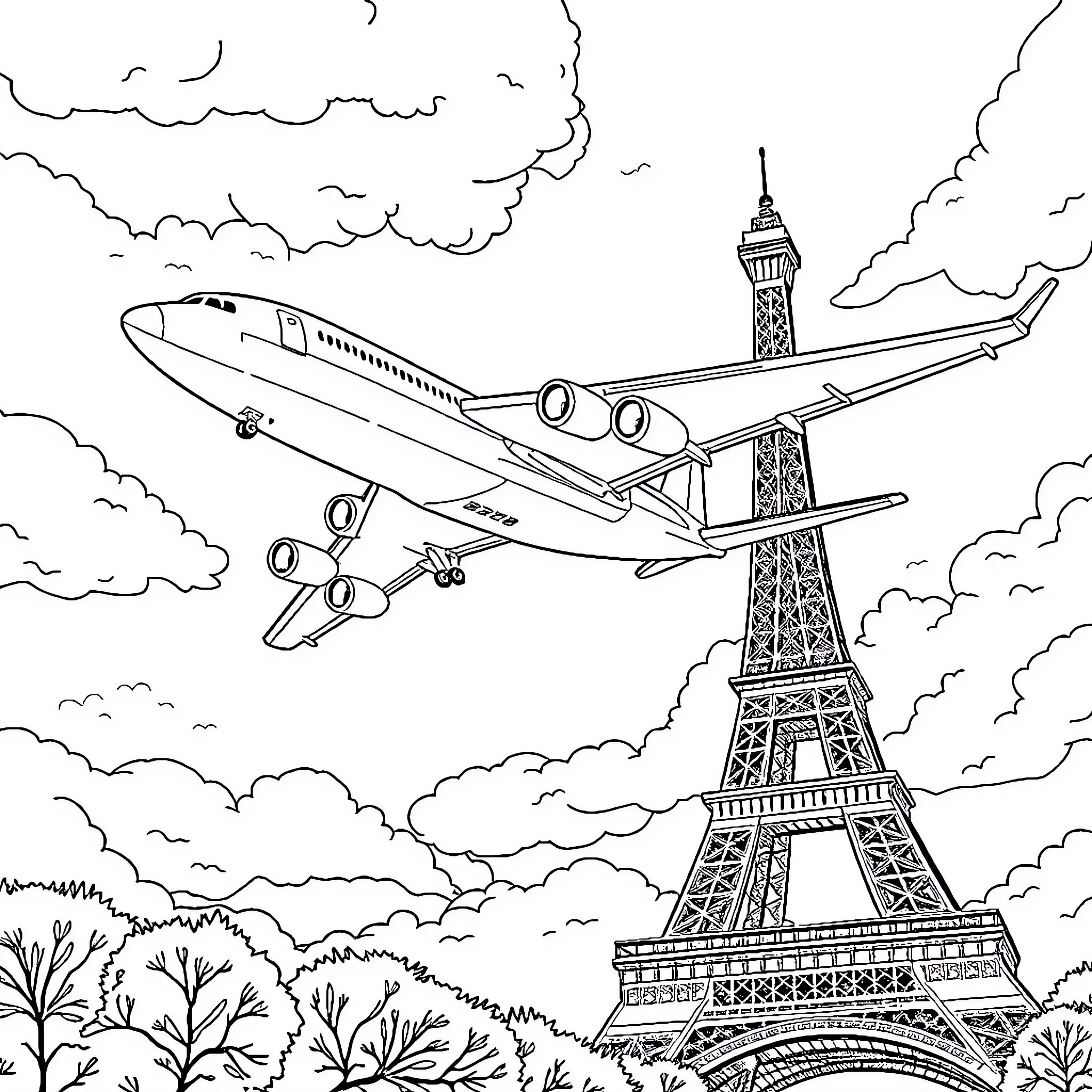 Antonov aircraft flying over Eiffel Tower Coloring Page (free black-and-white line drawing printable PDF for all, from beginners to advanced learners, including children, teens, adults, and seniors)