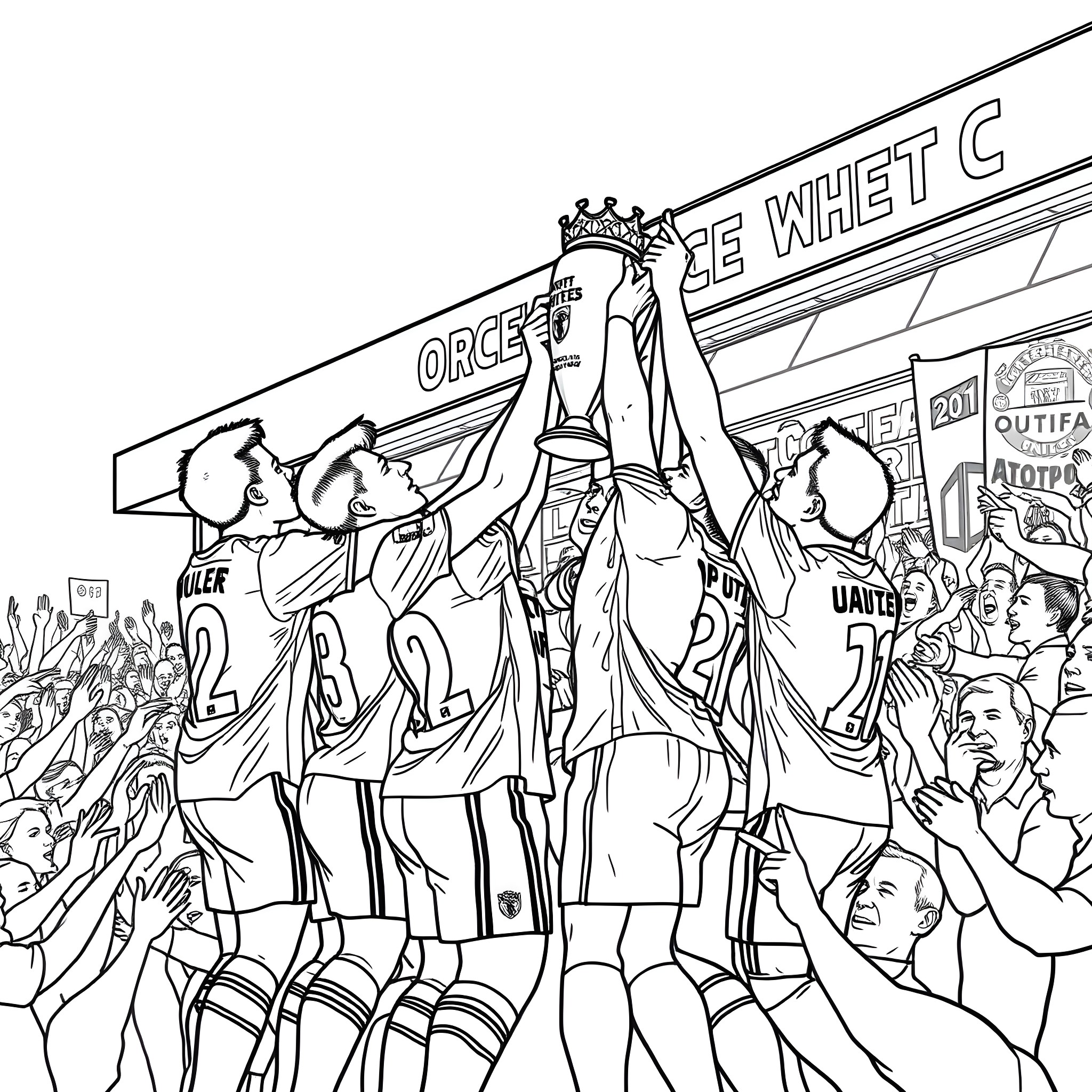 Man Utd Fans Celebrating Victory in the Stadium Coloring Page (free black-and-white line drawing printable PDF for all, from beginners to advanced learners, including children, teens, adults, and seniors)