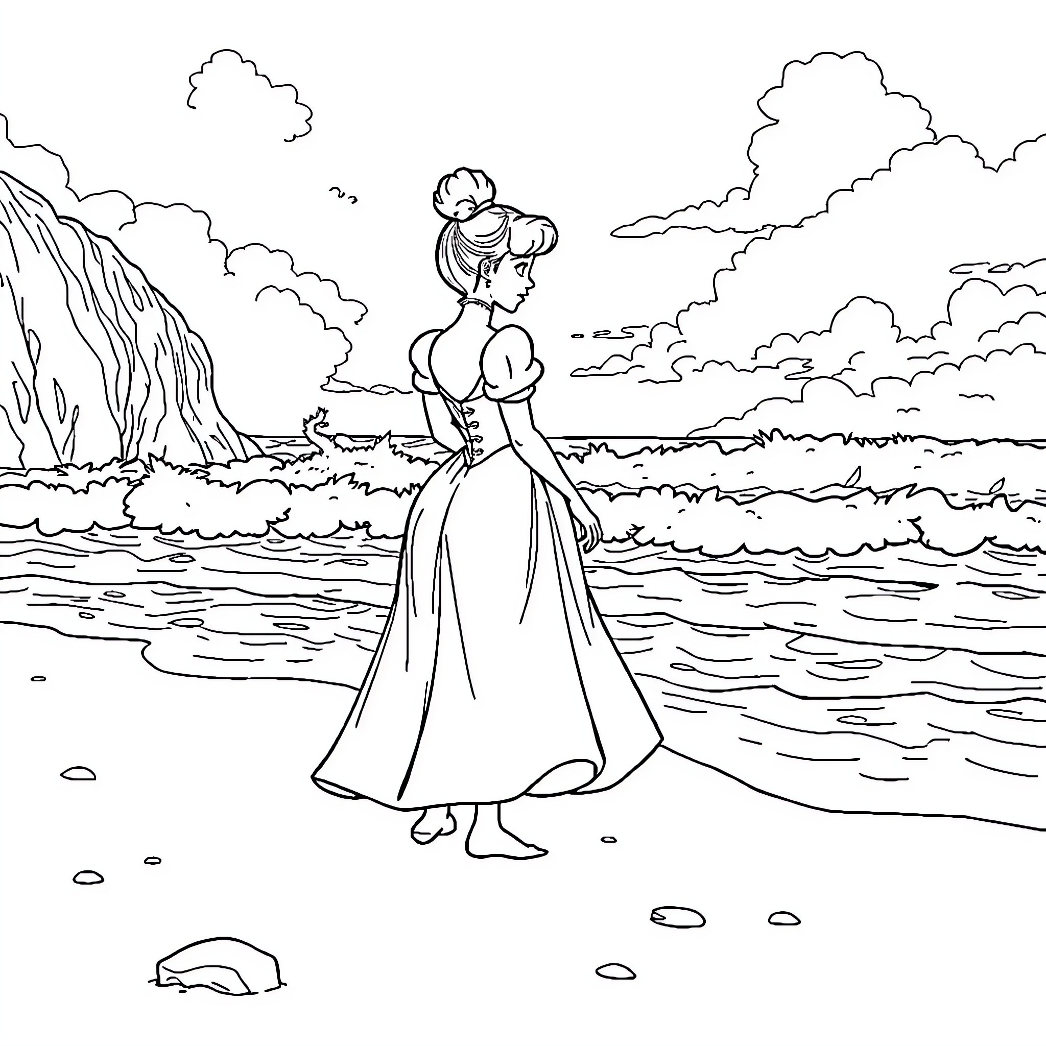 Cinderella enjoying a serene coastal landscape Coloring Page (free black-and-white line drawing printable PDF for all, from beginners to advanced learners, including children, teens, adults, and seniors)